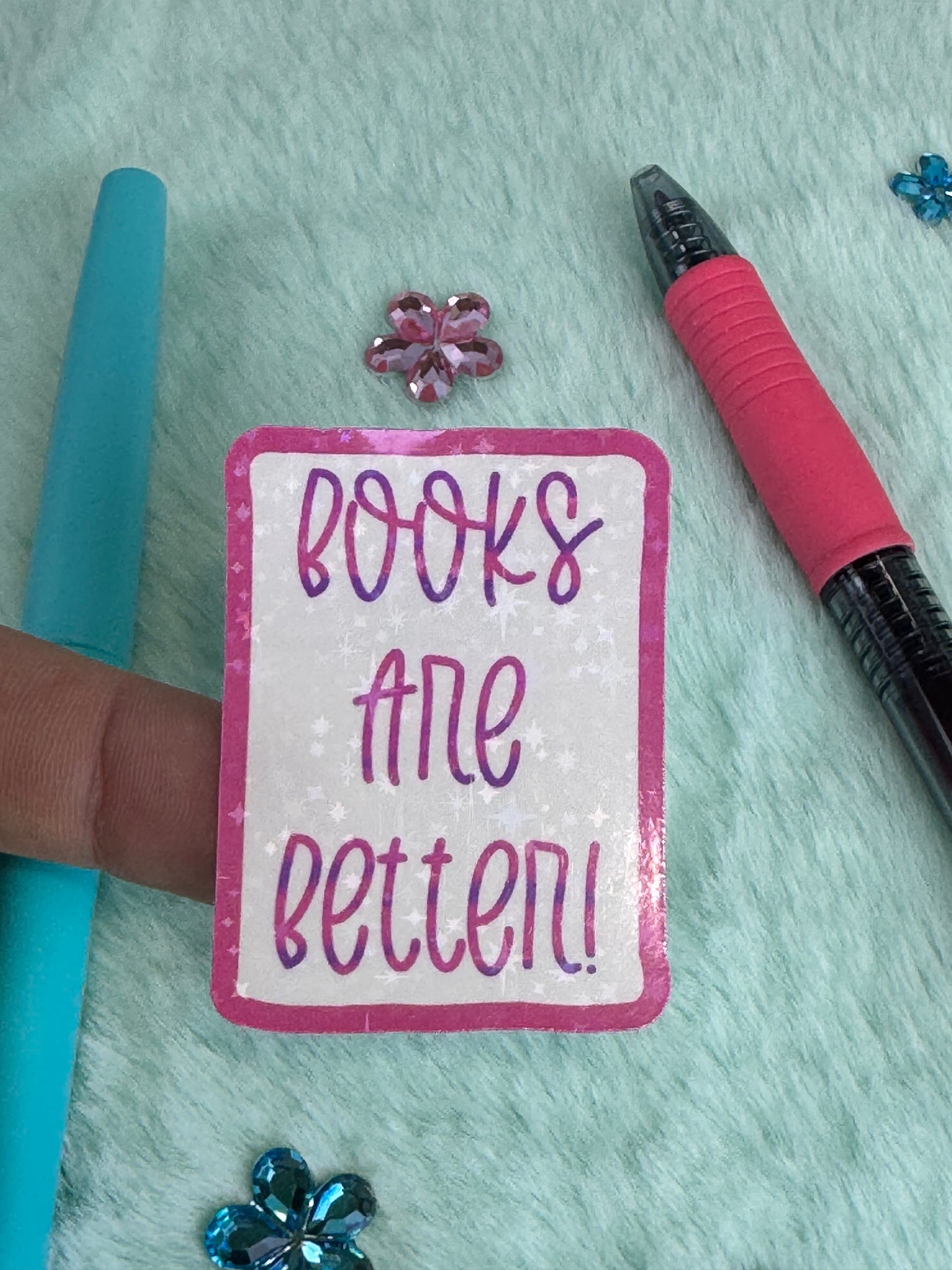 Books Are Better Pink Holographic Sticker | Rectangular Vinyl Decal