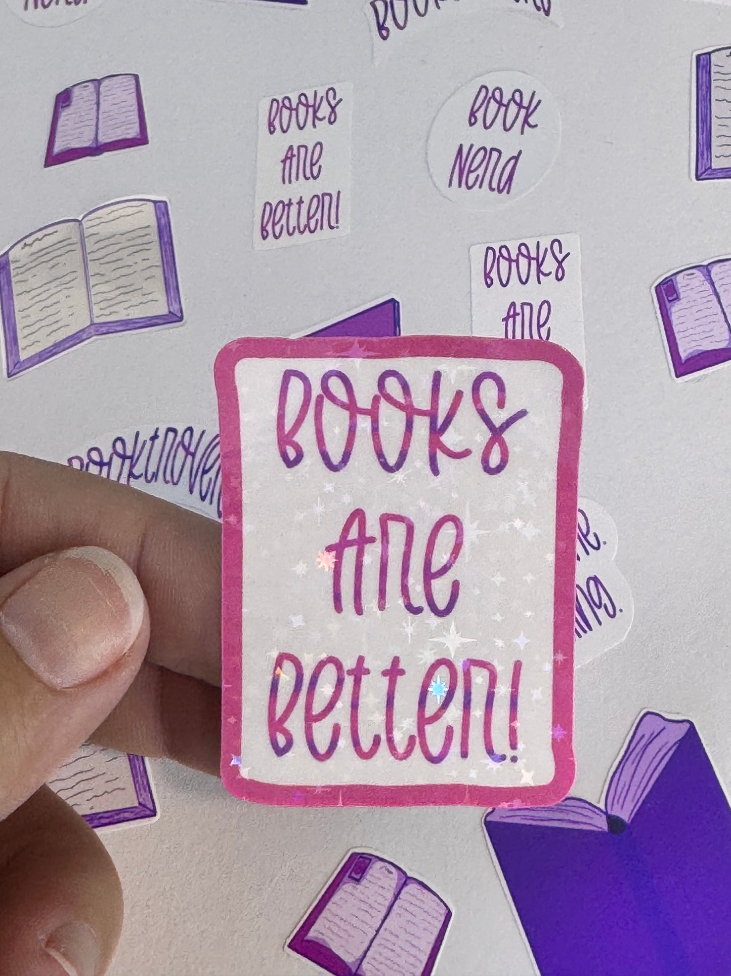 Books Are Better Pink Holographic Sticker | Rectangular Vinyl Decal