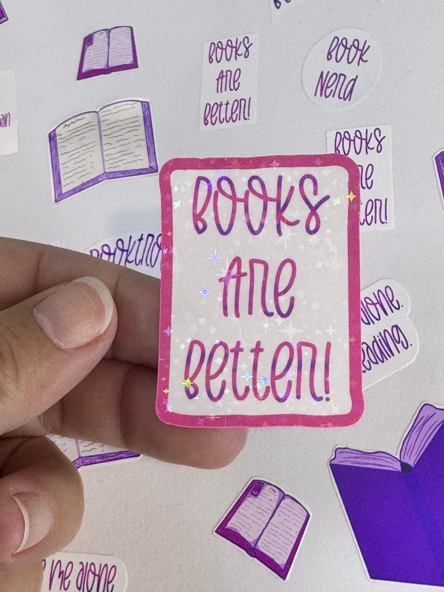 Books Are Better Pink Holographic Sticker | Rectangular Vinyl Decal