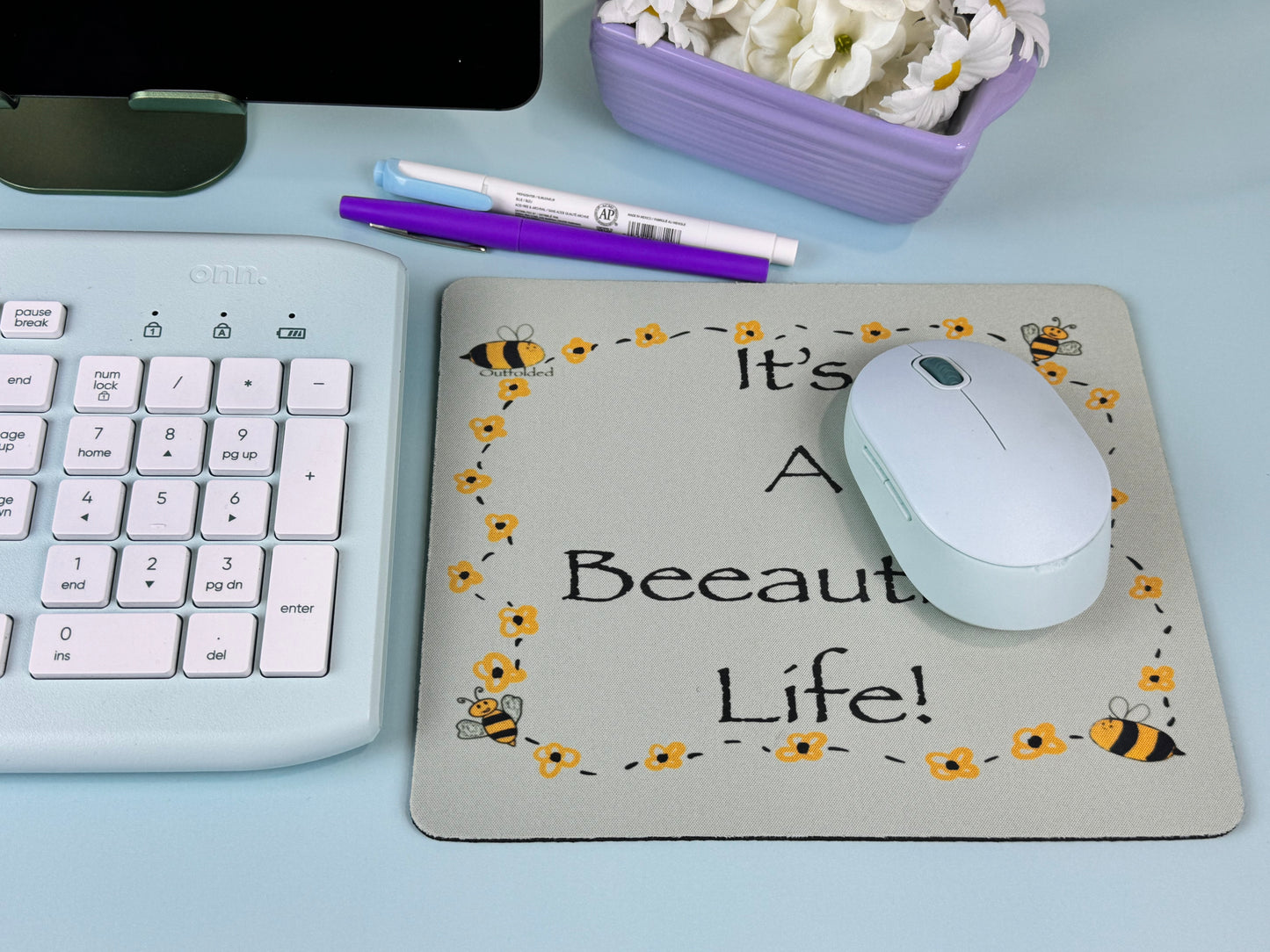 It's A Beeautiful Life! Mouse Pad For Your Desk. Bumblebees and Flowers Design