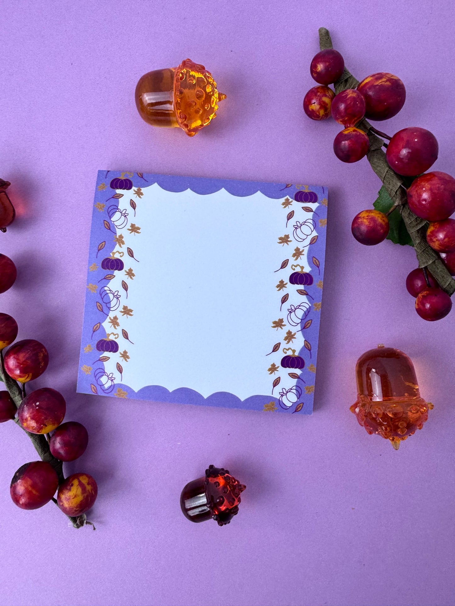 Fall Sticky Notes, Purple and Gold Pumpkin and Leaf Stationery, Hand Drawn