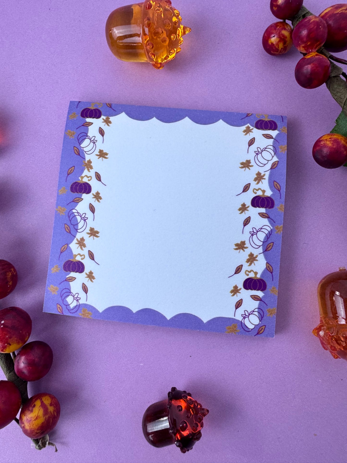 Fall Sticky Notes, Purple and Gold Pumpkin and Leaf Stationery, Hand Drawn