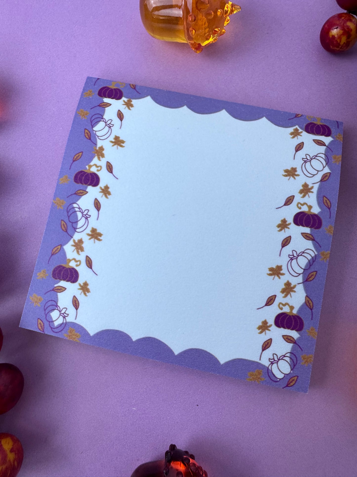 Fall Sticky Notes, Purple and Gold Pumpkin and Leaf Stationery, Hand Drawn