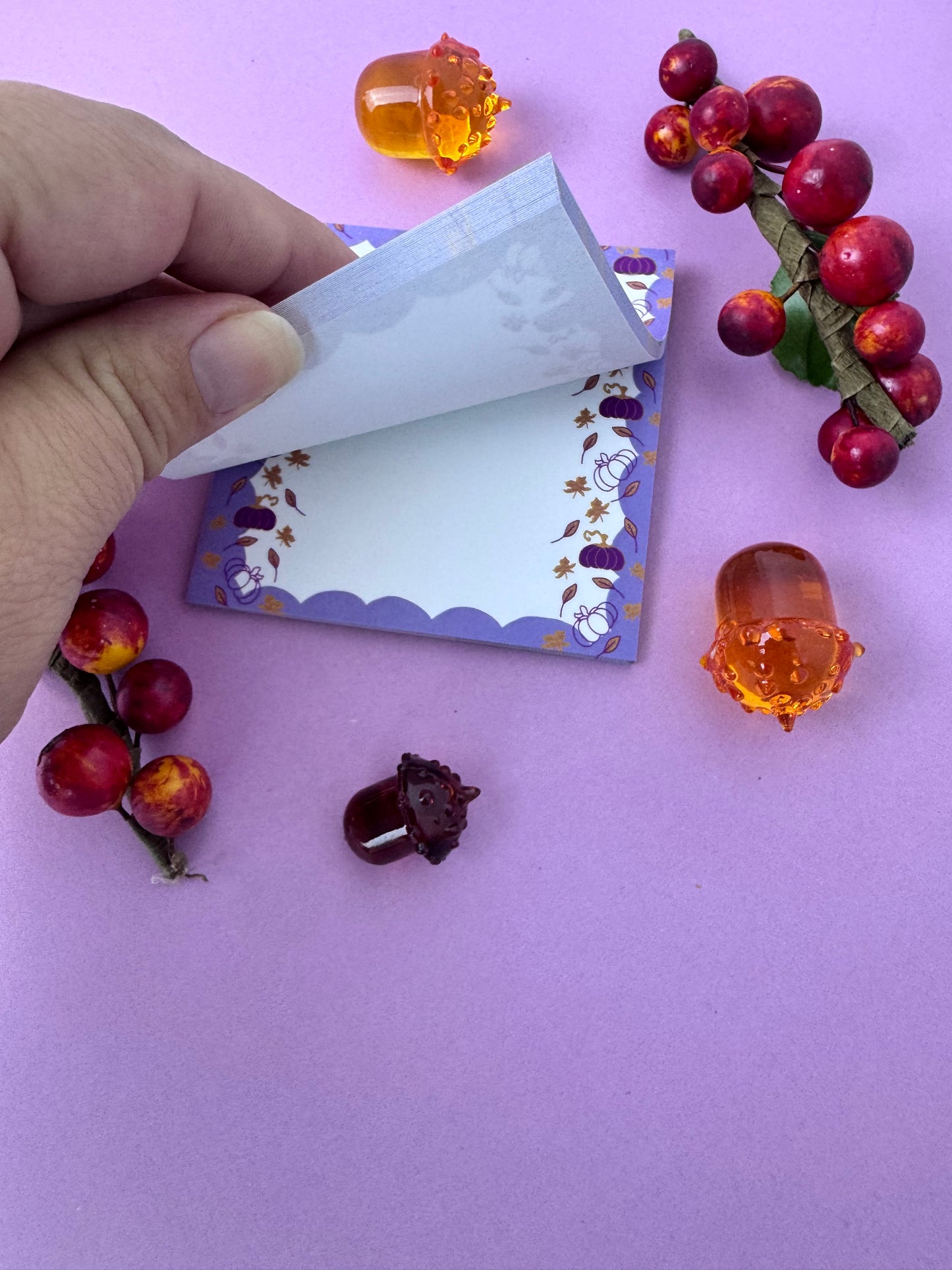Fall Sticky Notes, Purple and Gold Pumpkin and Leaf Stationery, Hand Drawn