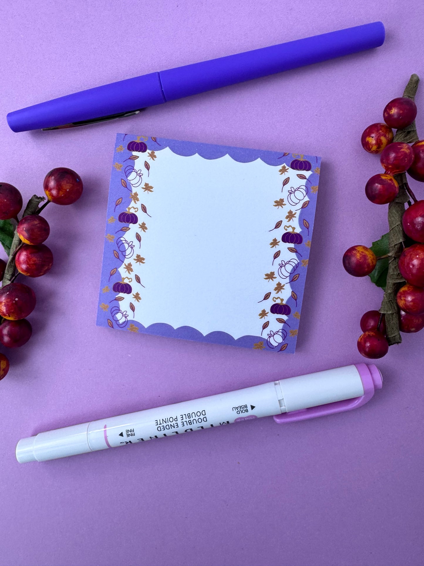 Fall Sticky Notes, Purple and Gold Pumpkin and Leaf Stationery, Hand Drawn