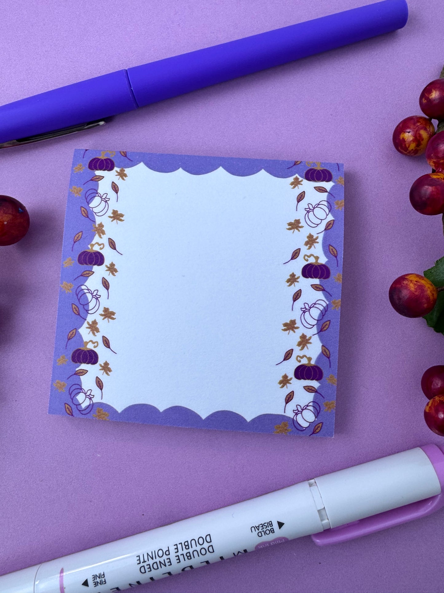 Fall Sticky Notes, Purple and Gold Pumpkin and Leaf Stationery, Hand Drawn