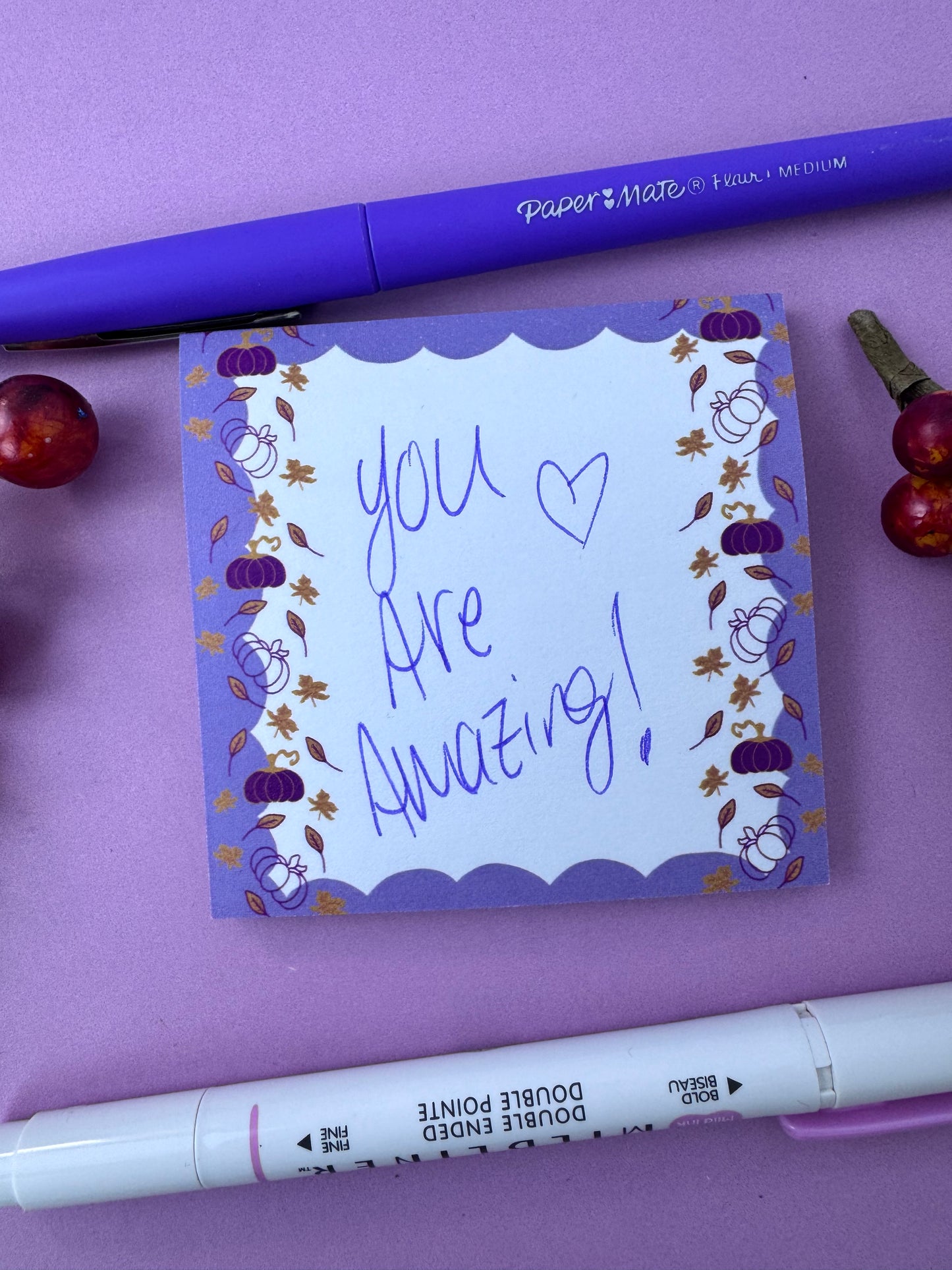 Fall Sticky Notes, Purple and Gold Pumpkin and Leaf Stationery, Hand Drawn
