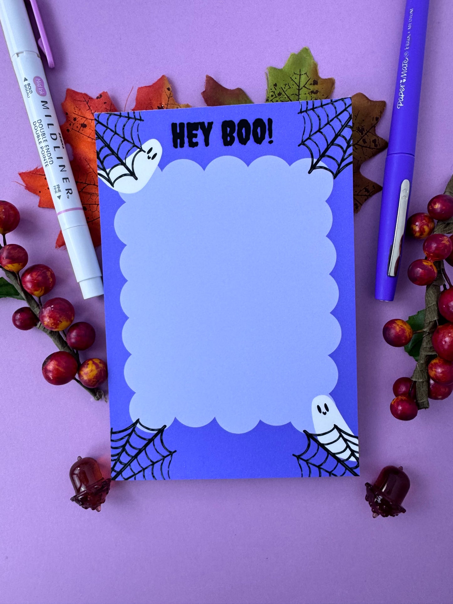Hey Boo! Stationery For Halloween, Cute Ghost Notepad, Handmade and Hand Drawn, Purple and Black