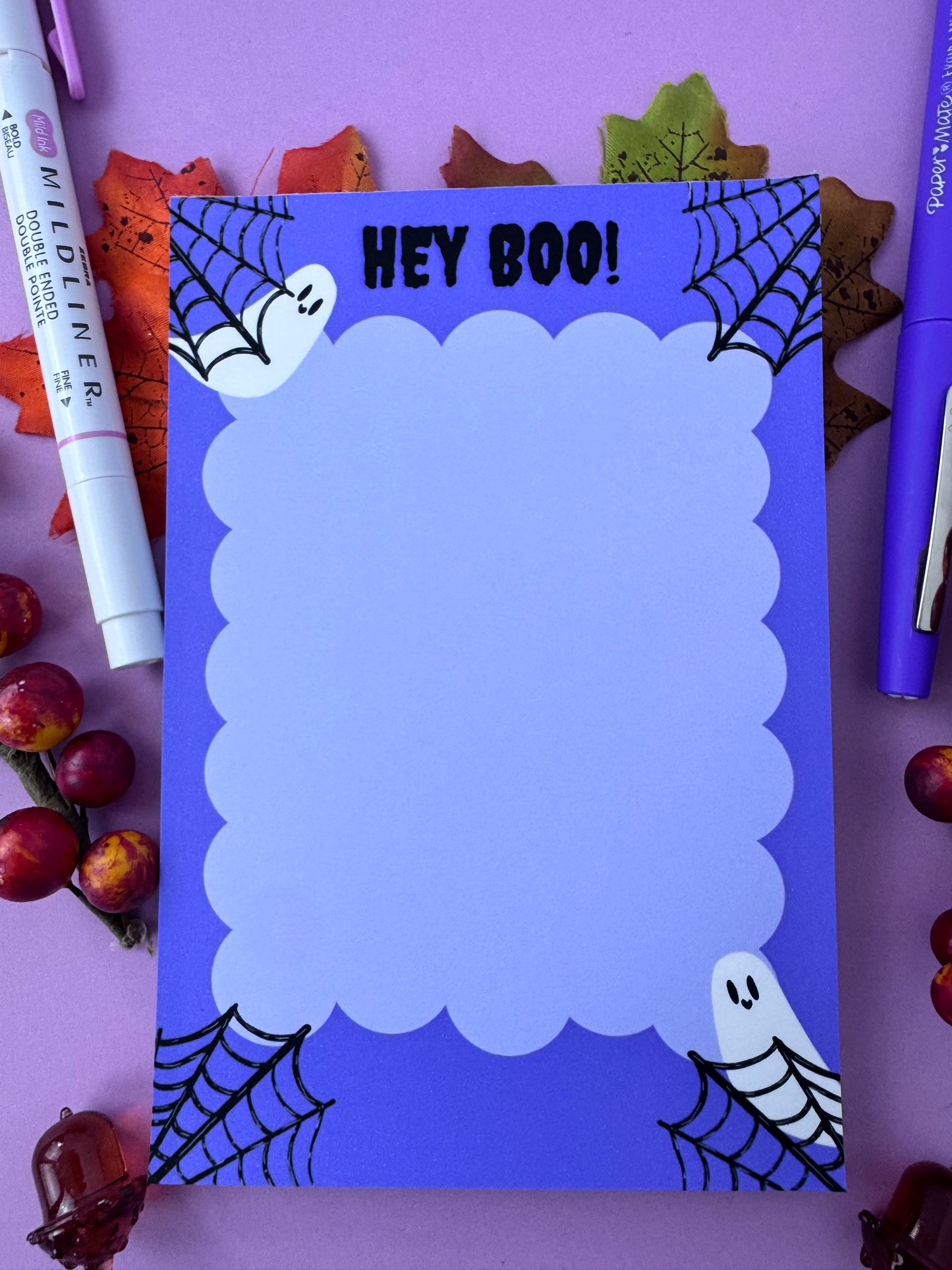 Hey Boo! Stationery For Halloween, Cute Ghost Notepad, Handmade and Hand Drawn, Purple and Black
