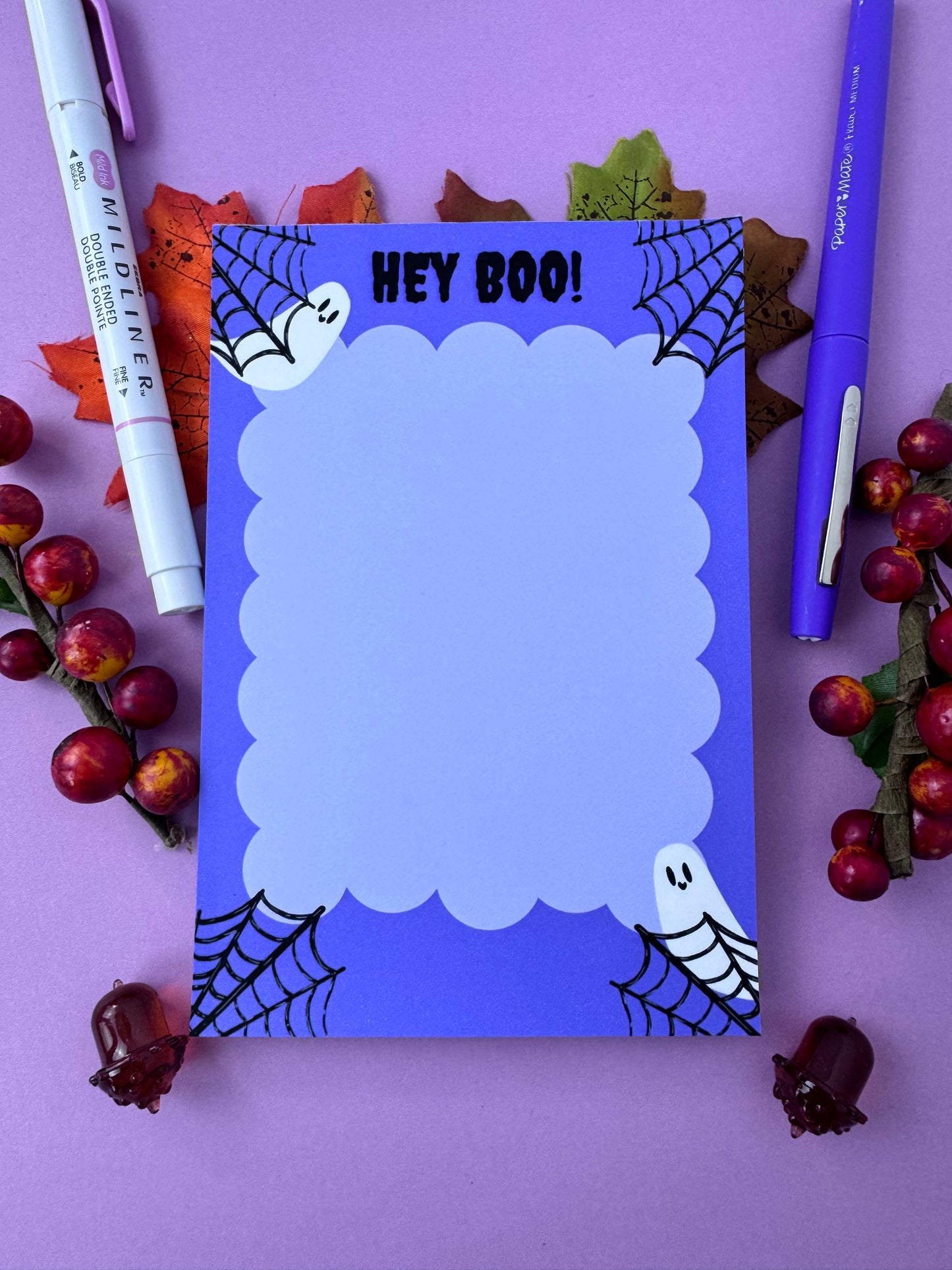 Hey Boo! Stationery For Halloween, Cute Ghost Notepad, Handmade and Hand Drawn, Purple and Black