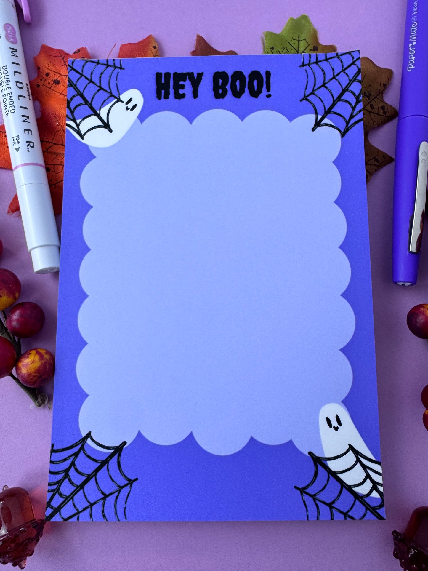 Hey Boo! Stationery For Halloween, Cute Ghost Notepad, Handmade and Hand Drawn, Purple and Black