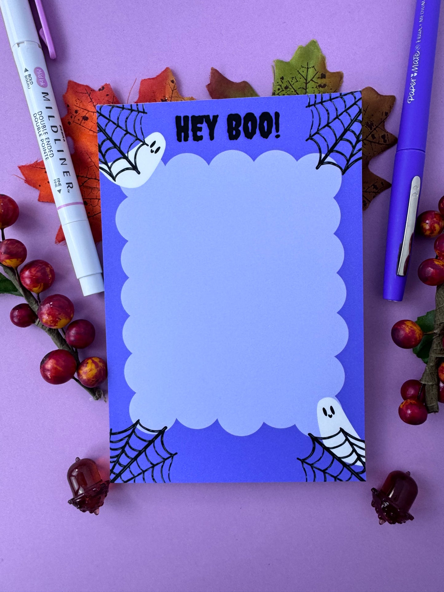 Hey Boo! Stationery For Halloween, Cute Ghost Notepad, Handmade and Hand Drawn, Purple and Black