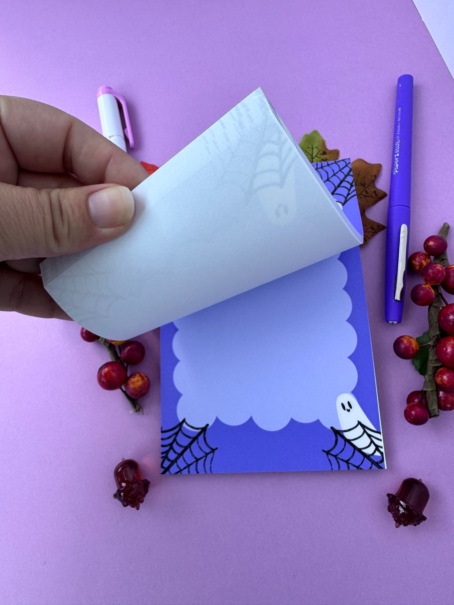 Hey Boo! Stationery For Halloween, Cute Ghost Notepad, Handmade and Hand Drawn, Purple and Black