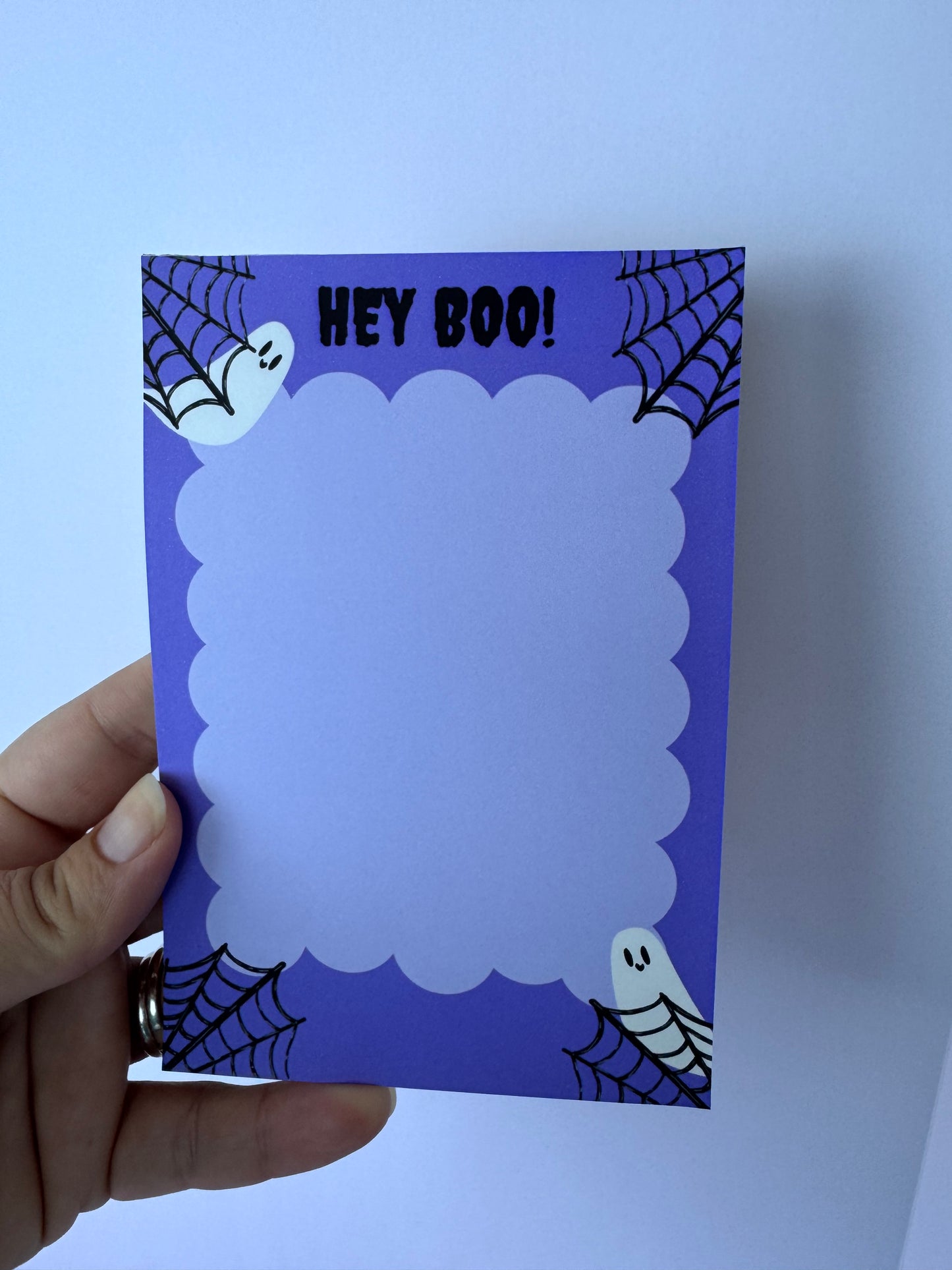 Hey Boo! Stationery For Halloween, Cute Ghost Notepad, Handmade and Hand Drawn, Purple and Black