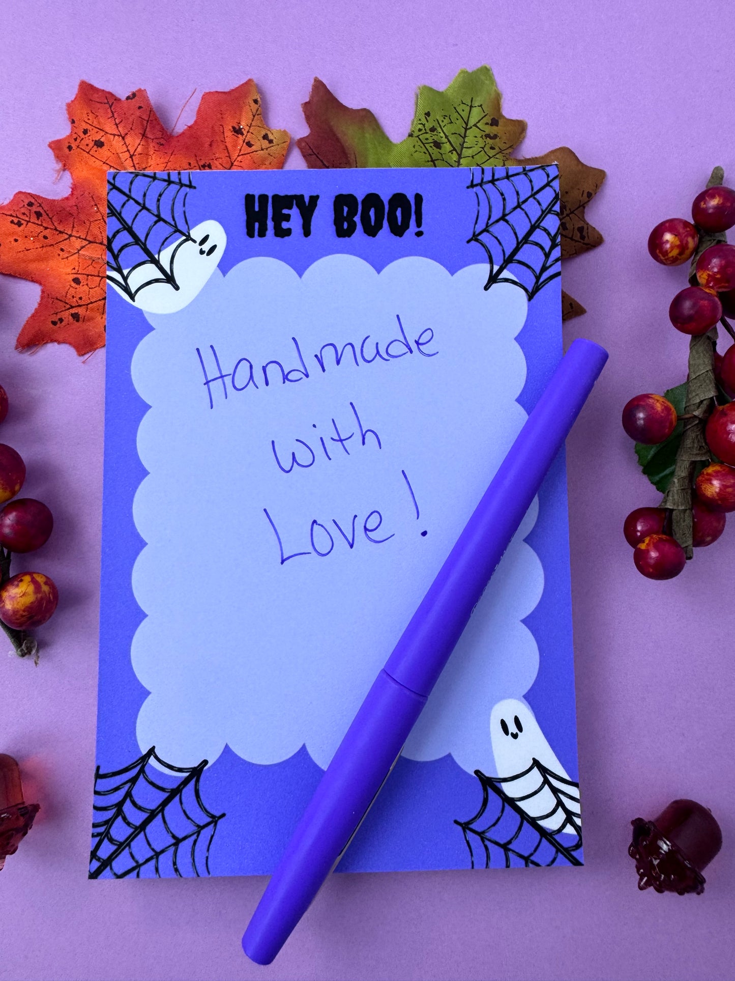 Hey Boo! Stationery For Halloween, Cute Ghost Notepad, Handmade and Hand Drawn, Purple and Black