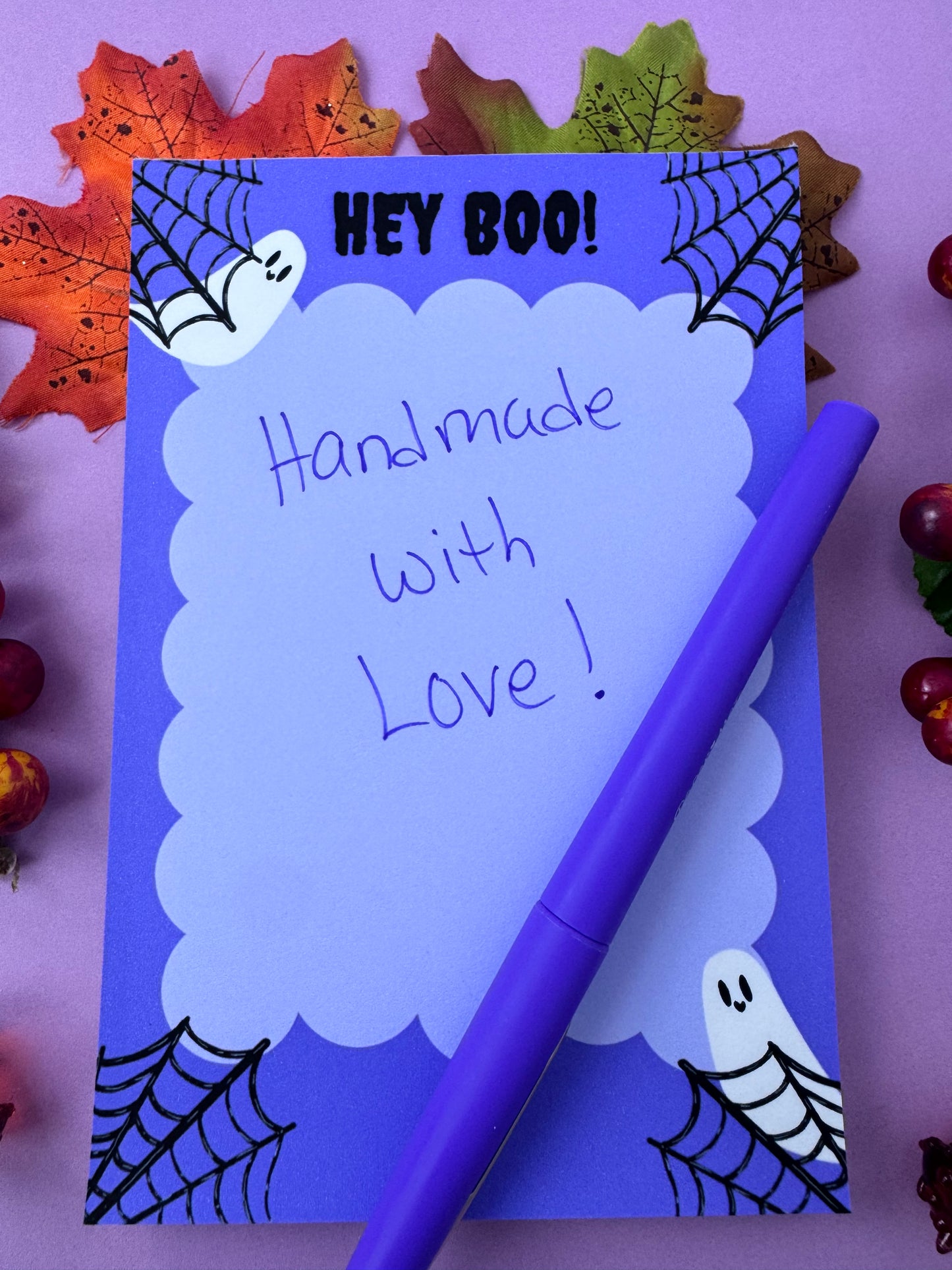 Hey Boo! Stationery For Halloween, Cute Ghost Notepad, Handmade and Hand Drawn, Purple and Black