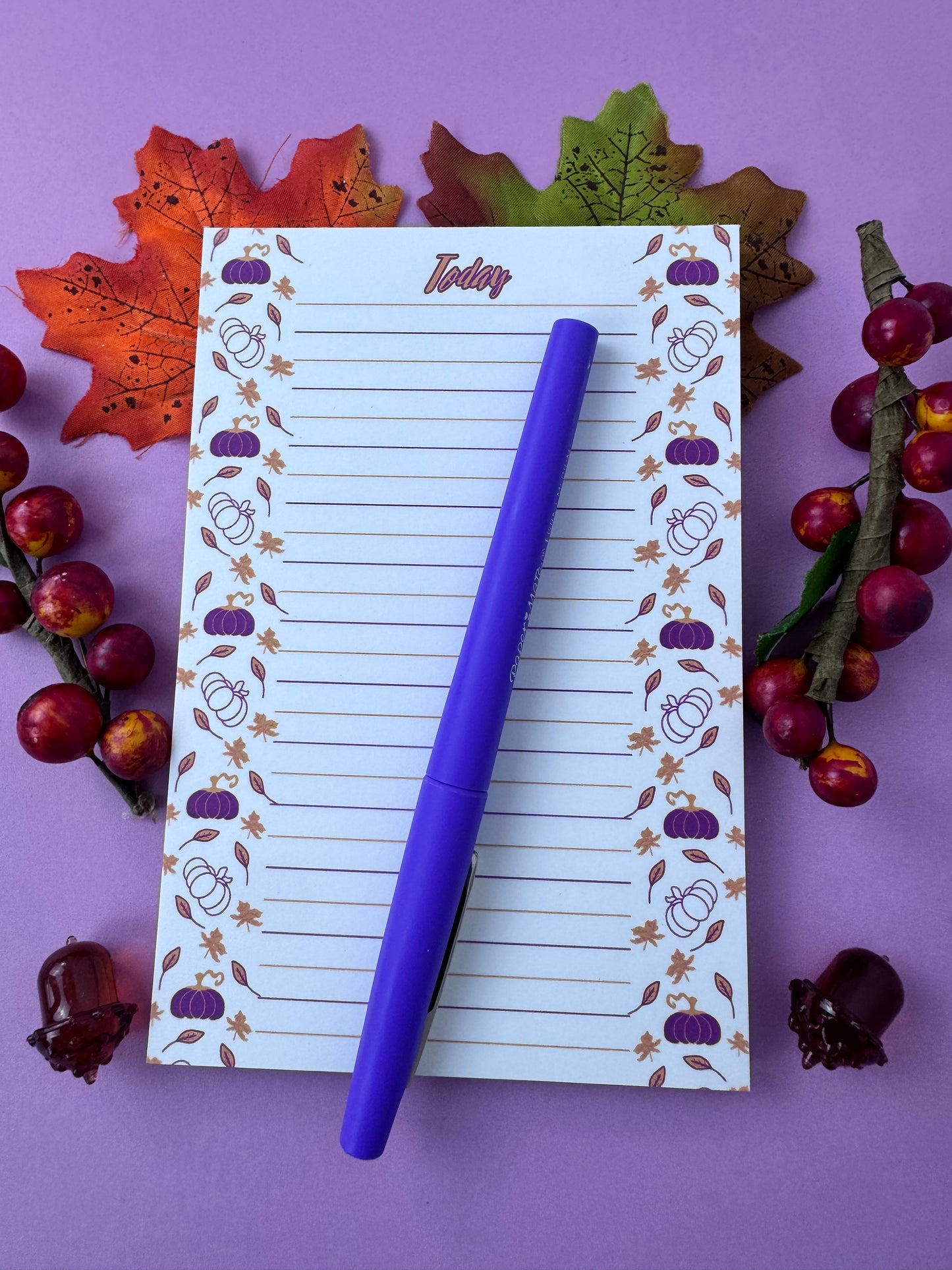Purple and Gold Pumpkin and Leaf Stationery, Hand Drawn, Handmade, Lined Notepad