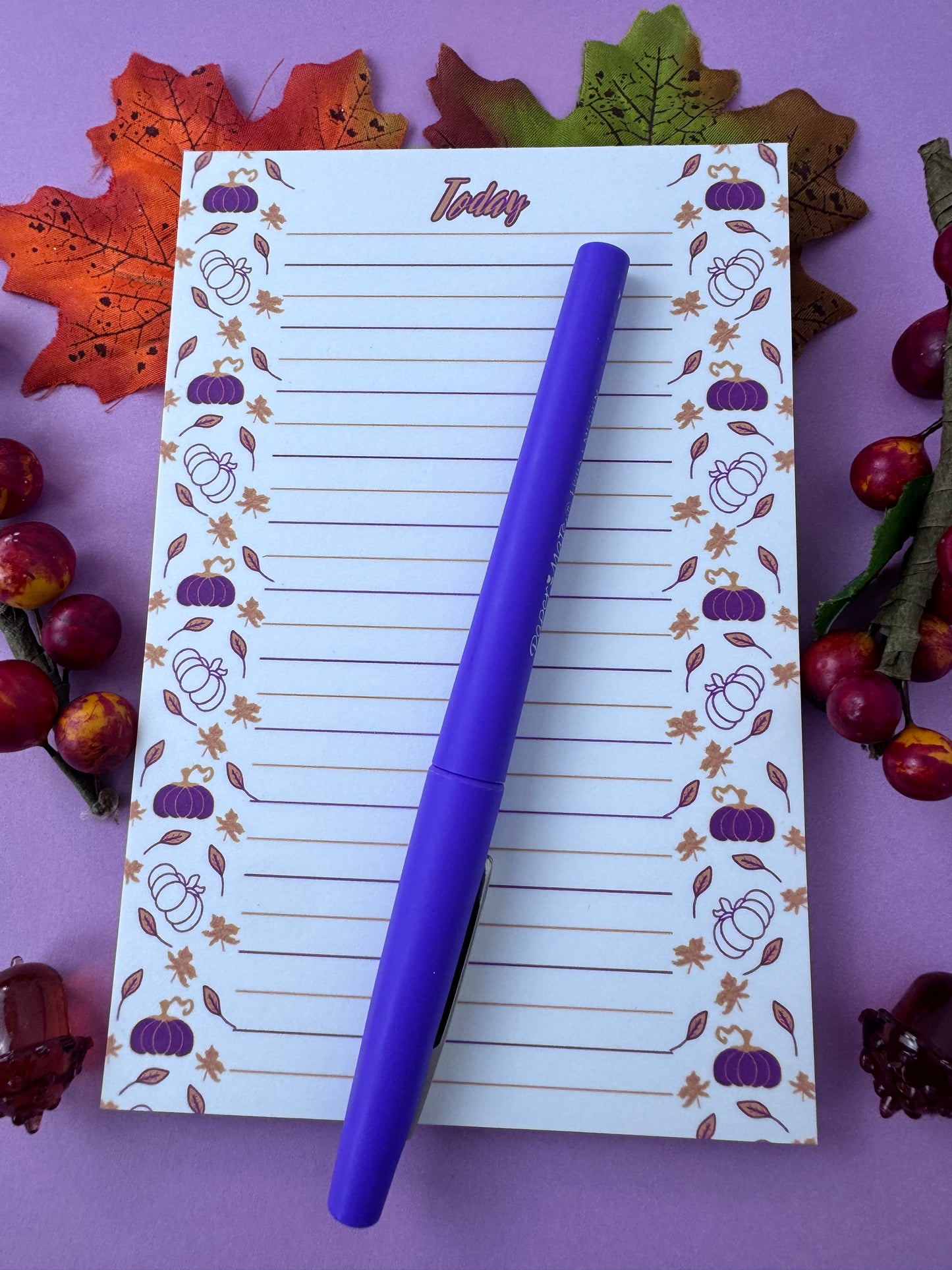 Purple and Gold Pumpkin and Leaf Stationery, Hand Drawn, Handmade, Lined Notepad