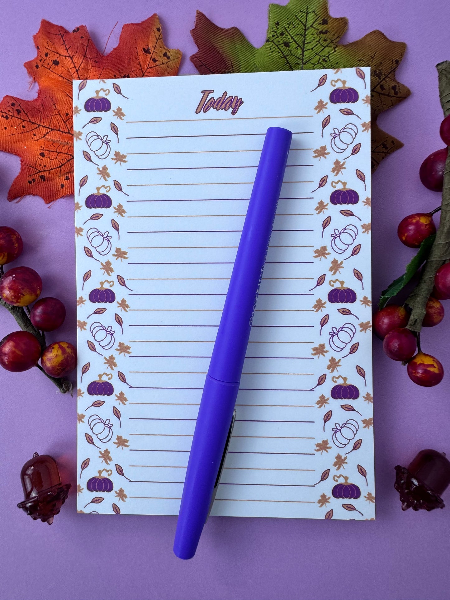 Purple and Gold Pumpkin and Leaf Stationery, Hand Drawn, Handmade, Lined Notepad