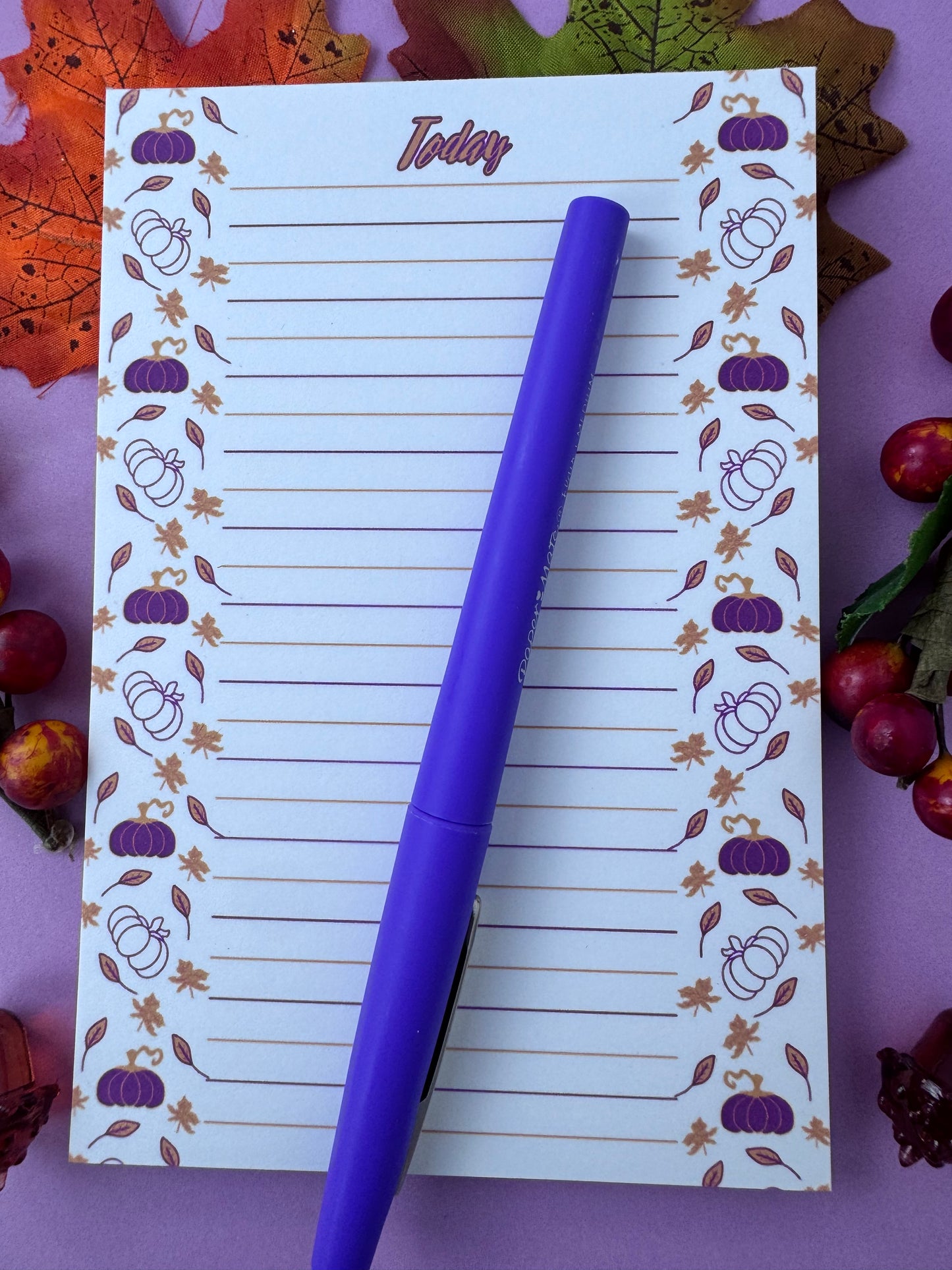 Purple and Gold Pumpkin and Leaf Stationery, Hand Drawn, Handmade, Lined Notepad