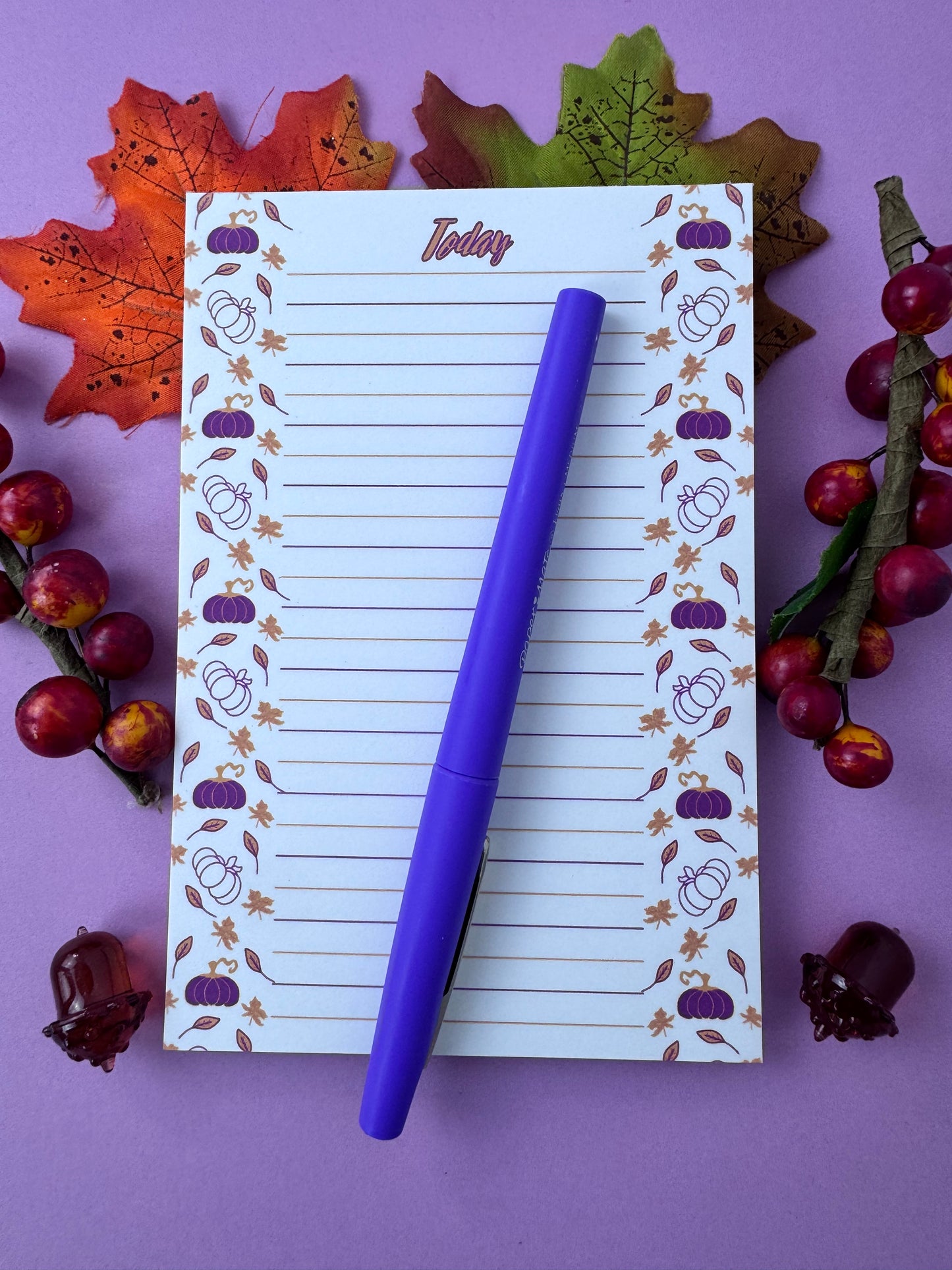 Purple and Gold Pumpkin and Leaf Stationery, Hand Drawn, Handmade, Lined Notepad