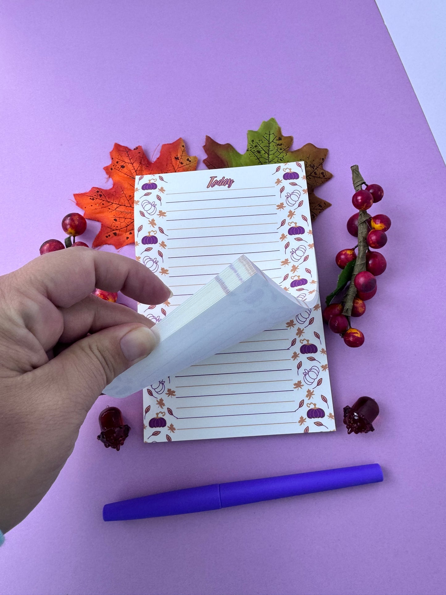 Purple and Gold Pumpkin and Leaf Stationery, Hand Drawn, Handmade, Lined Notepad
