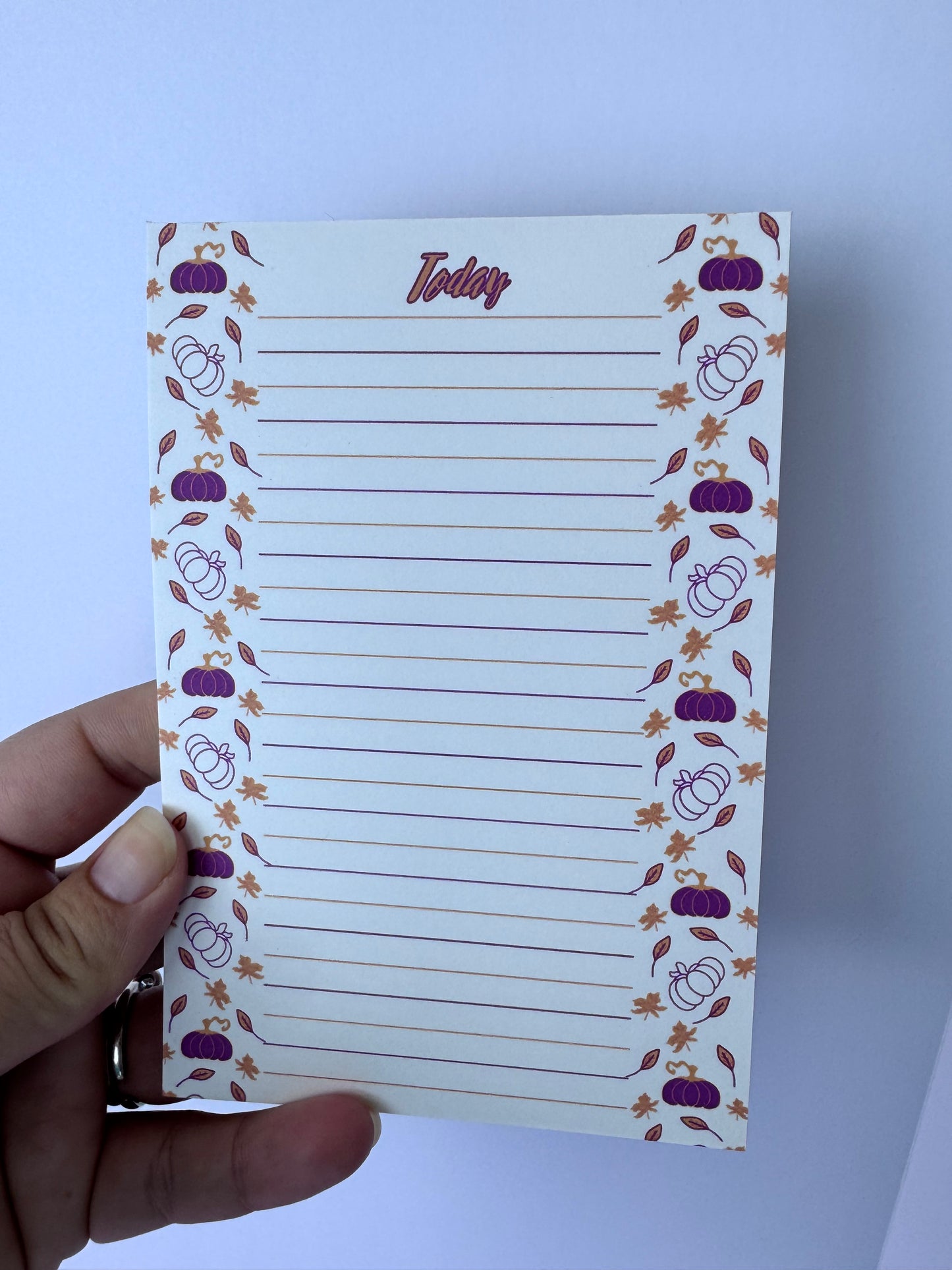 Purple and Gold Pumpkin and Leaf Stationery, Hand Drawn, Handmade, Lined Notepad