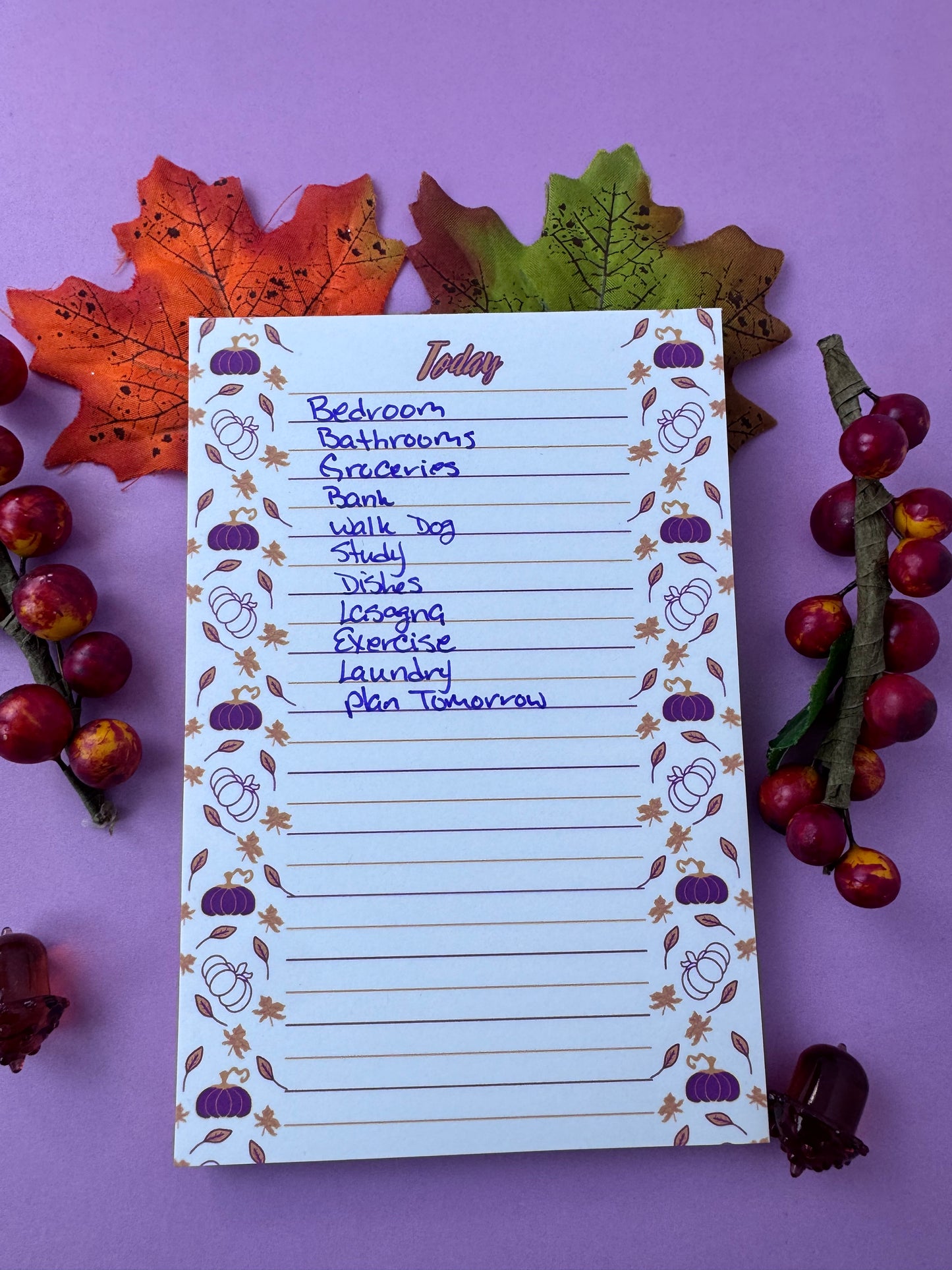 Purple and Gold Pumpkin and Leaf Stationery, Hand Drawn, Handmade, Lined Notepad