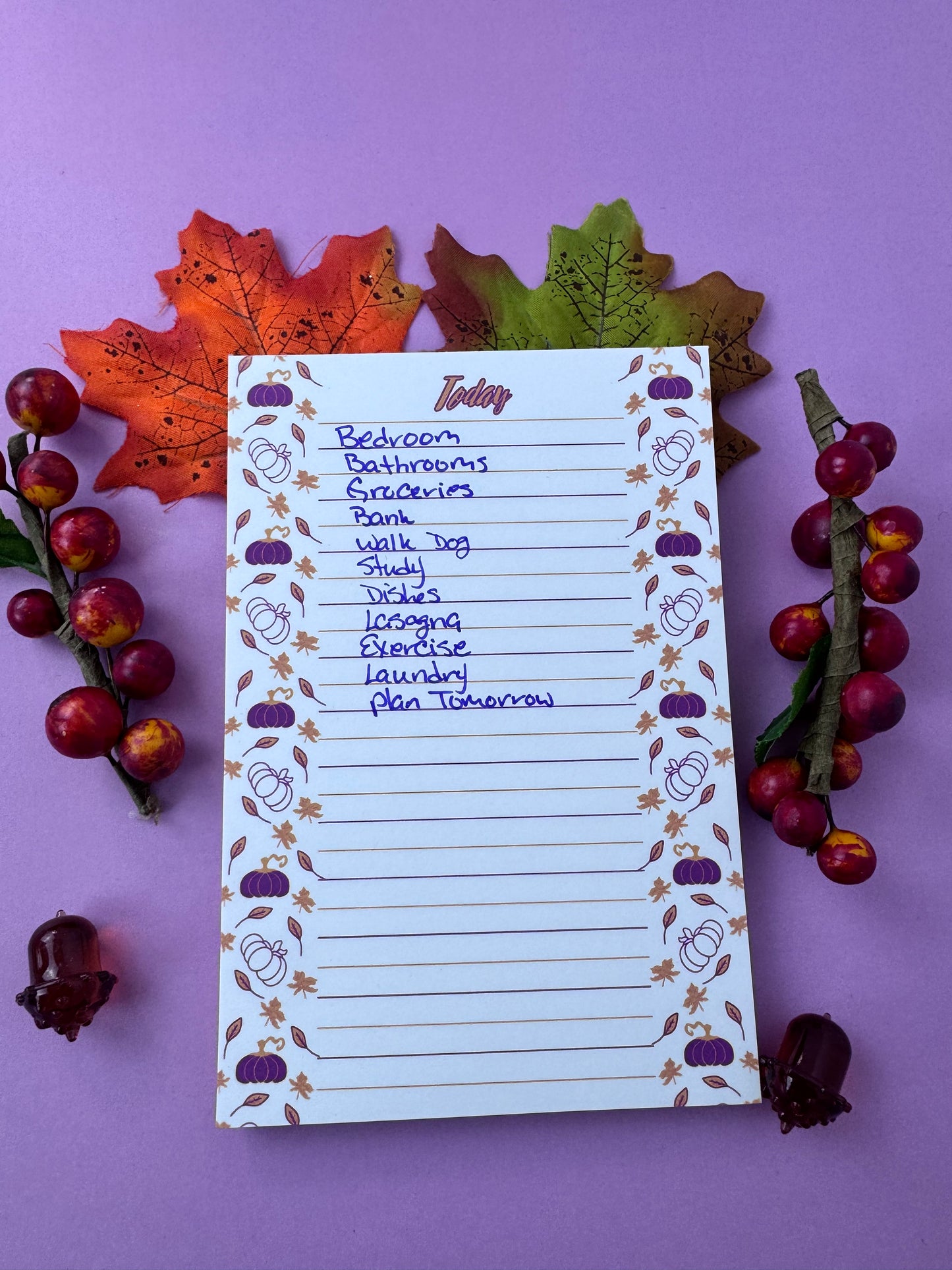 Purple and Gold Pumpkin and Leaf Stationery, Hand Drawn, Handmade, Lined Notepad