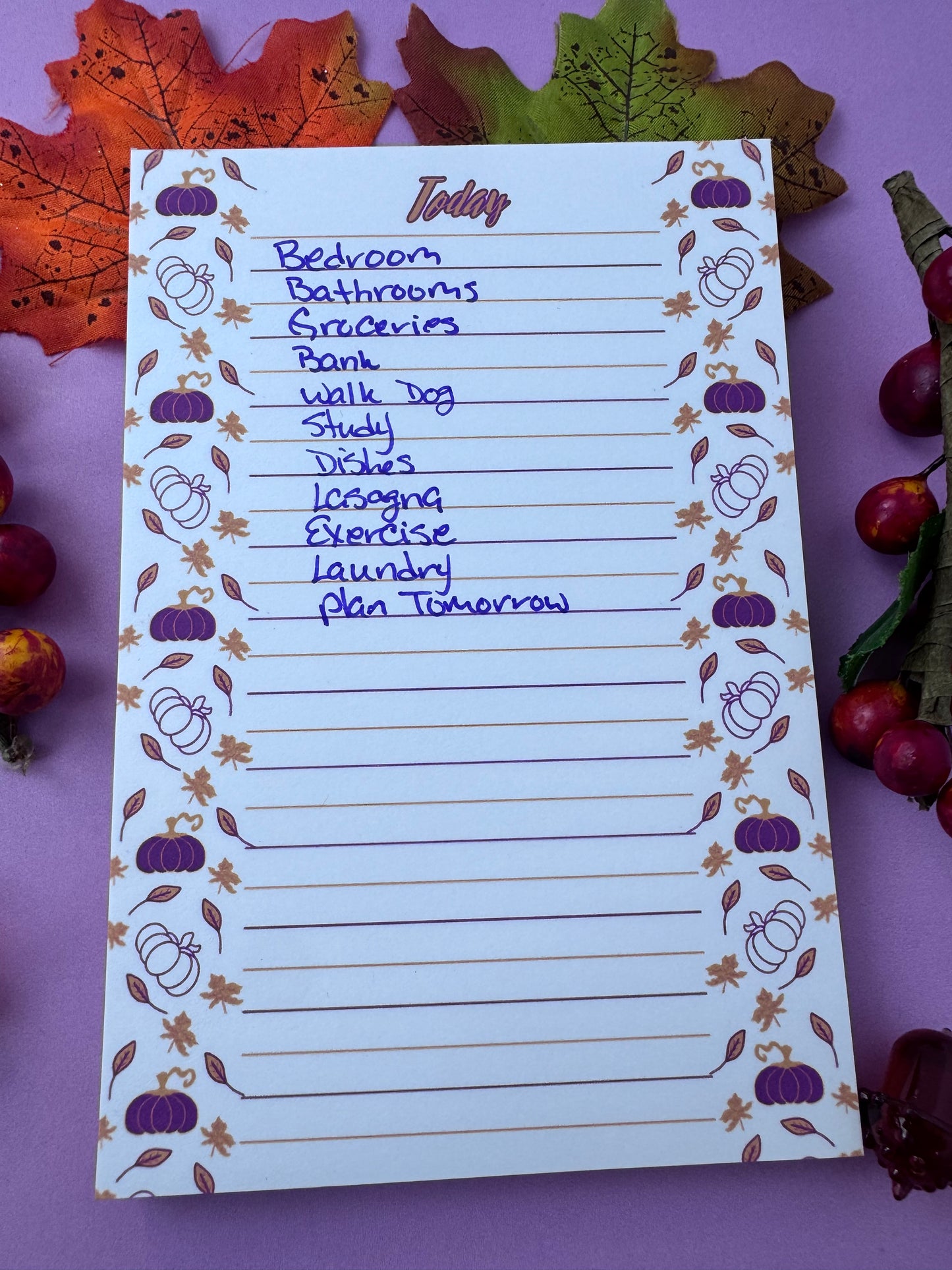 Purple and Gold Pumpkin and Leaf Stationery, Hand Drawn, Handmade, Lined Notepad