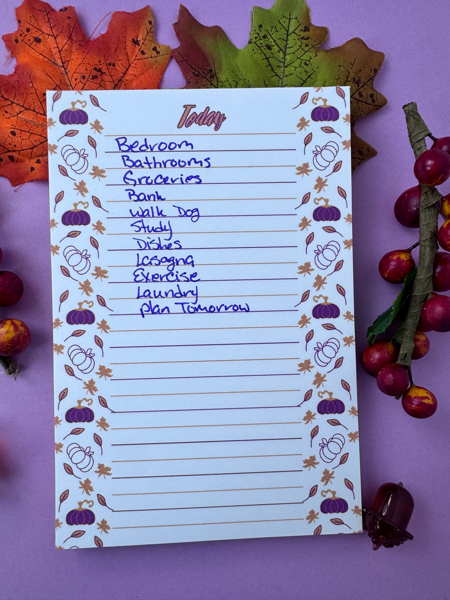 Purple and Gold Pumpkin and Leaf Stationery, Hand Drawn, Handmade, Lined Notepad