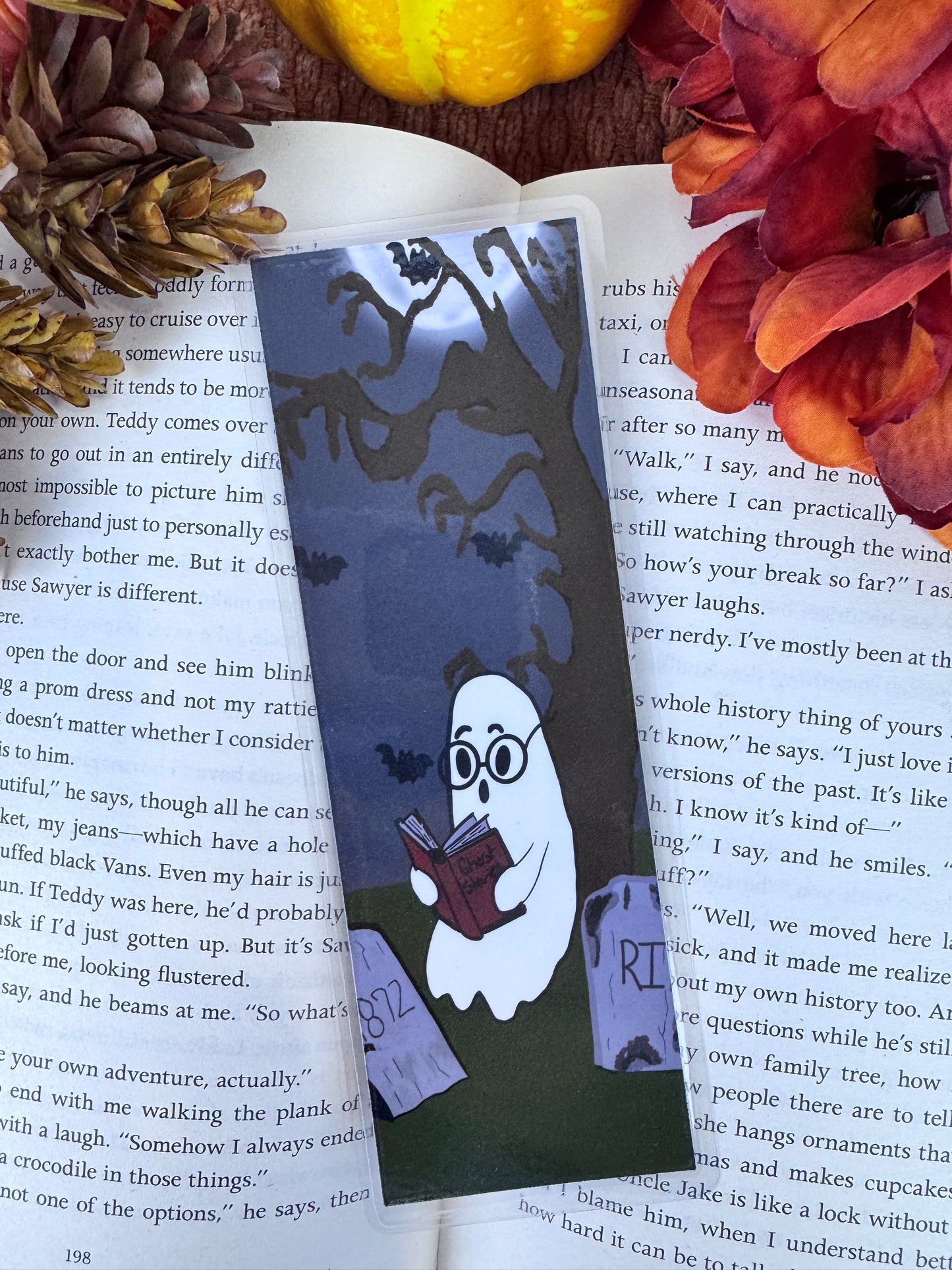 Handmade laminated ghost story bookmark with bats and moonlight