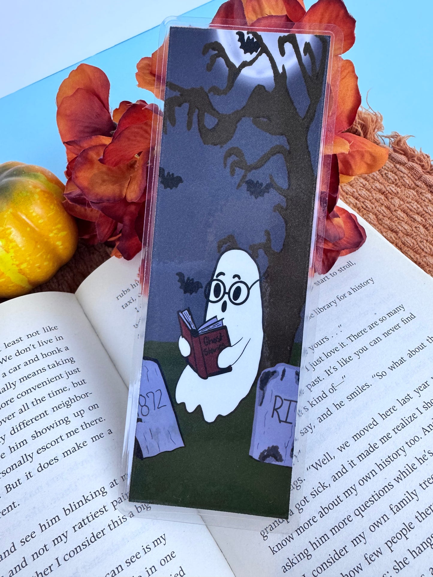 Cute Ghost Bookmark – Handmade Laminated Bookmark with Spooky Tree, Bats & Cemetery Scene | Ghost Reading Book of Ghost Stories | Halloween Book Lover Gift