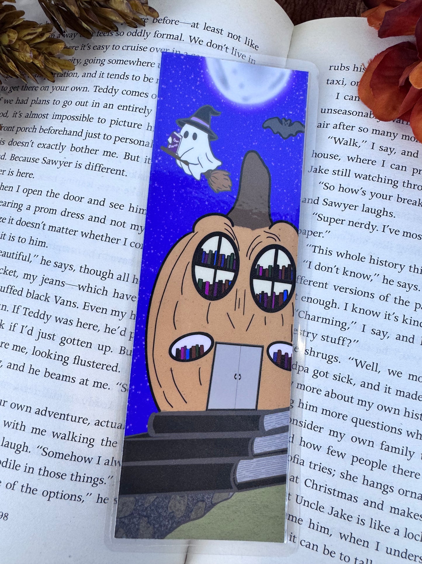 Cute Ghost Bookmark – Handmade Laminated Bookmark with Pumpkin Library & Full Moon | Spooky Book Lover Gift for Halloween Reading
