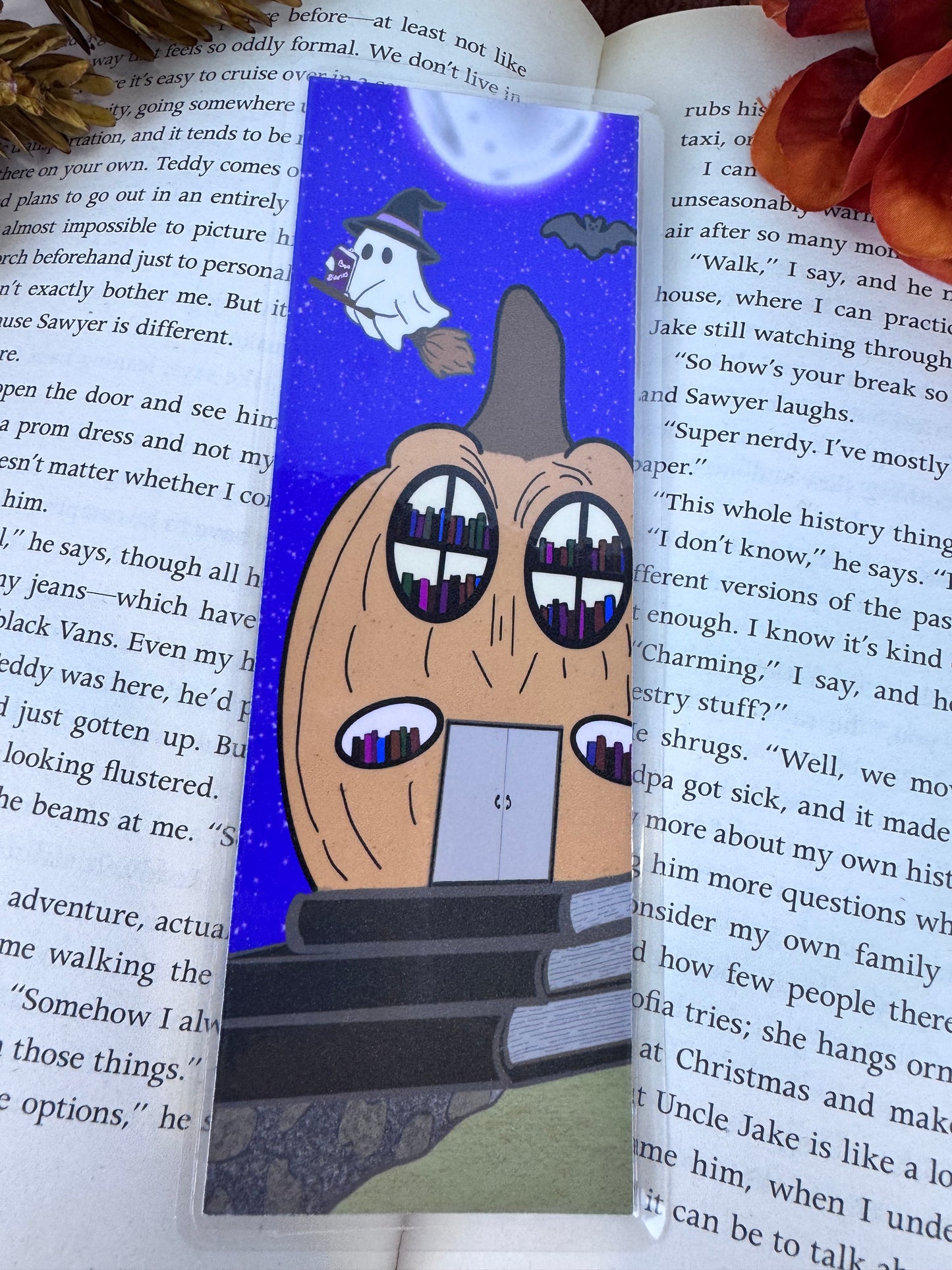 Cute Ghost Bookmark – Handmade Laminated Bookmark with Pumpkin Library & Full Moon | Spooky Book Lover Gift for Halloween Reading