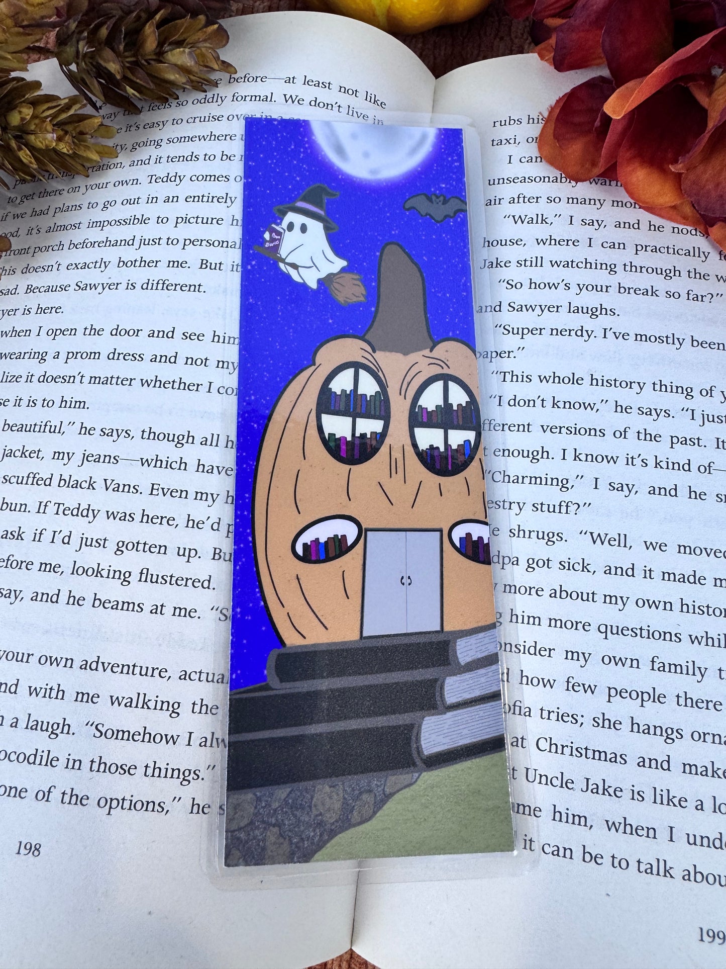 Cute Ghost Bookmark – Handmade Laminated Bookmark with Pumpkin Library & Full Moon | Spooky Book Lover Gift for Halloween Reading