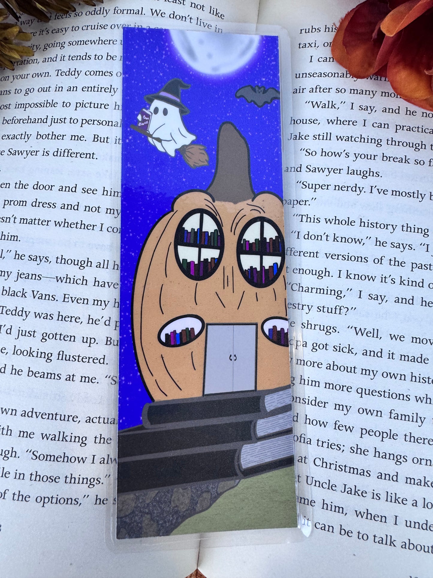 Cute Ghost Bookmark – Handmade Laminated Bookmark with Pumpkin Library & Full Moon | Spooky Book Lover Gift for Halloween Reading