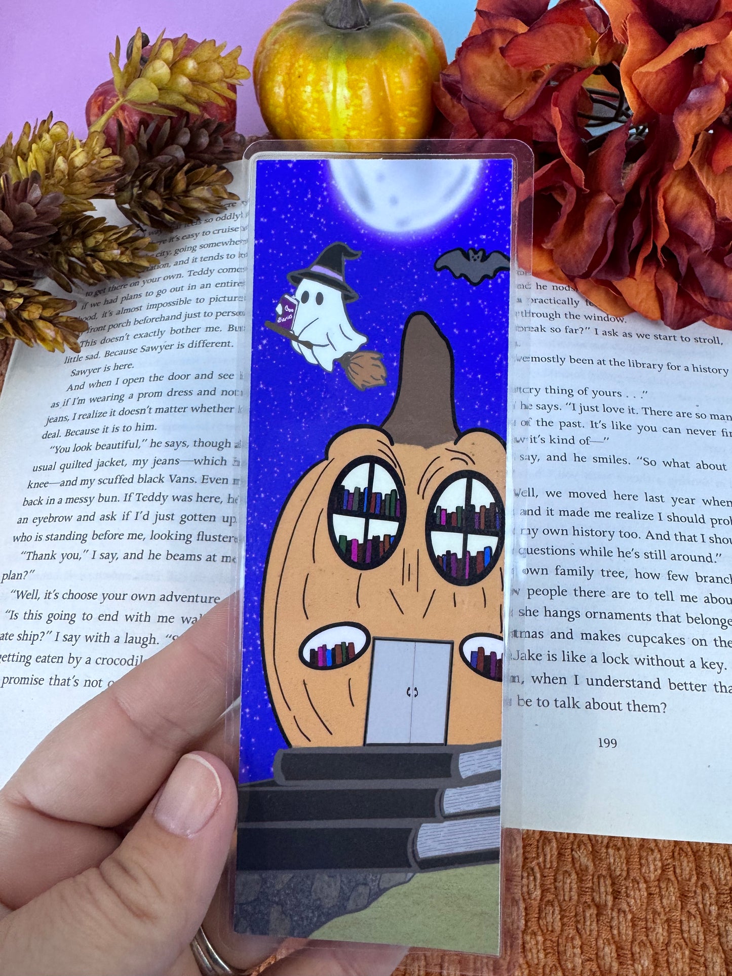 Cute Ghost Bookmark – Handmade Laminated Bookmark with Pumpkin Library & Full Moon | Spooky Book Lover Gift for Halloween Reading