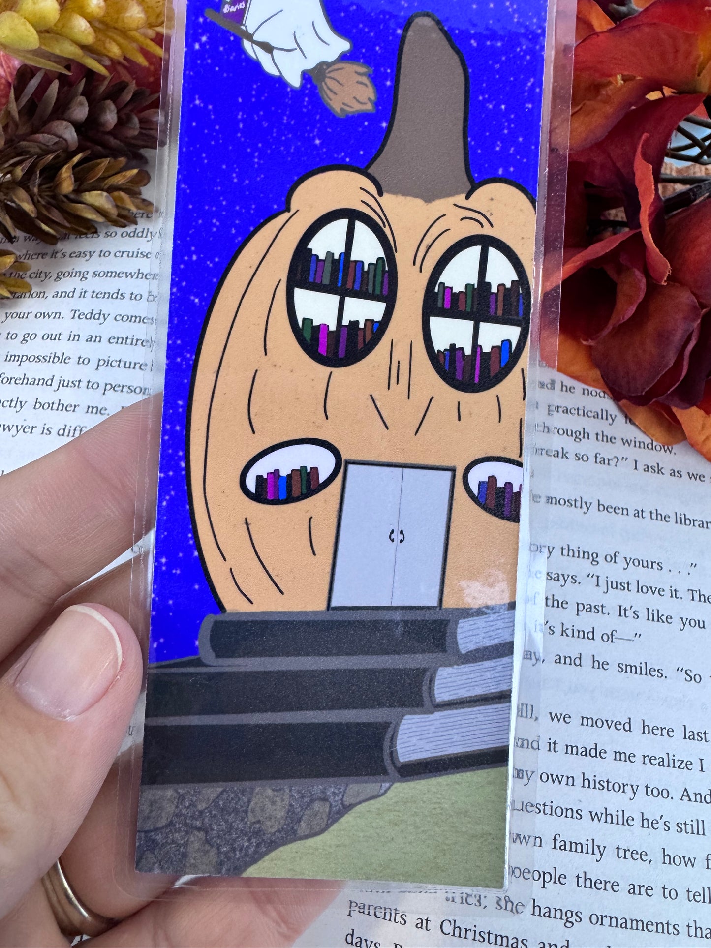 Cute Ghost Bookmark – Handmade Laminated Bookmark with Pumpkin Library & Full Moon | Spooky Book Lover Gift for Halloween Reading