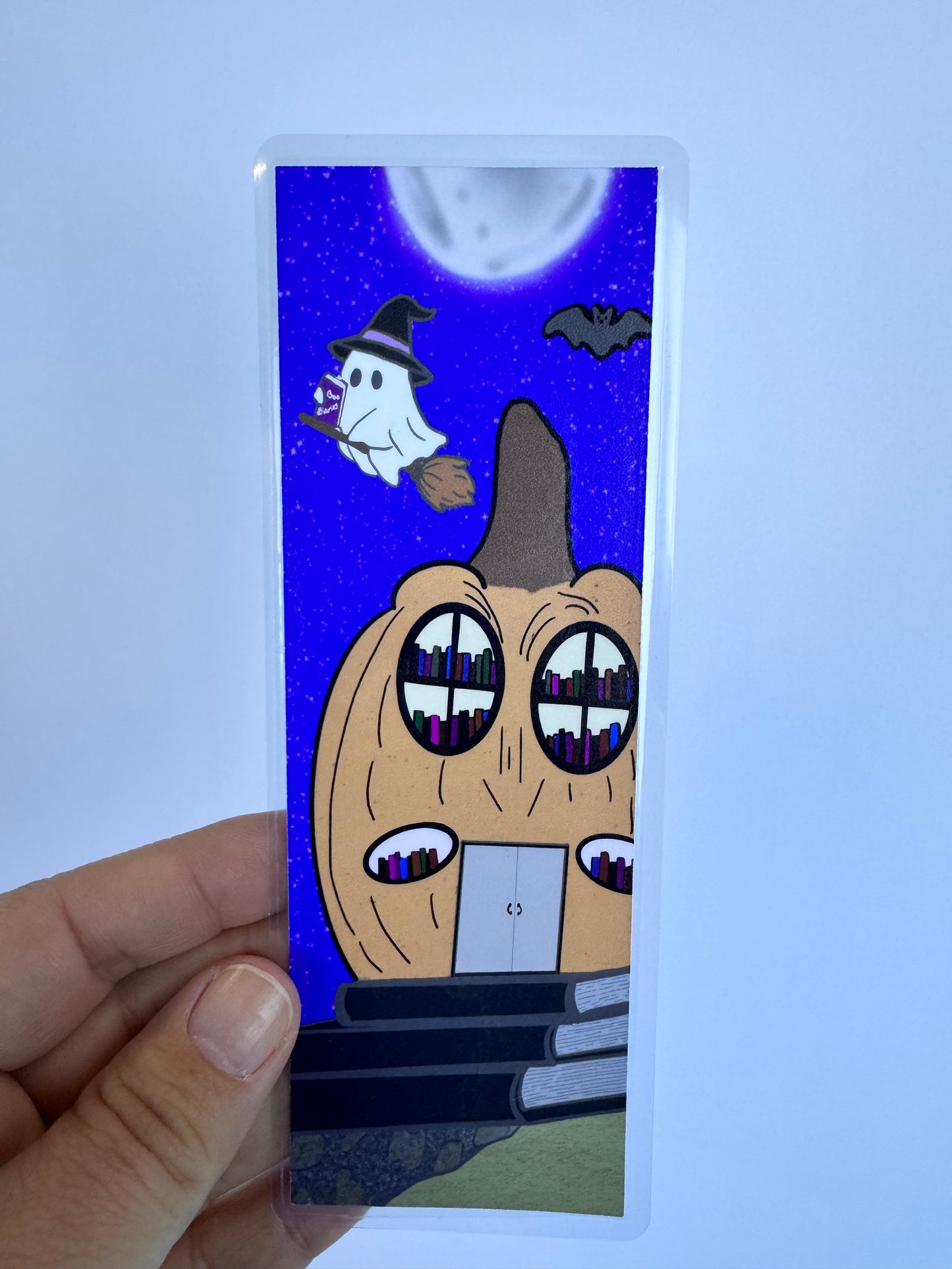 Cute Ghost Bookmark – Handmade Laminated Bookmark with Pumpkin Library & Full Moon | Spooky Book Lover Gift for Halloween Reading