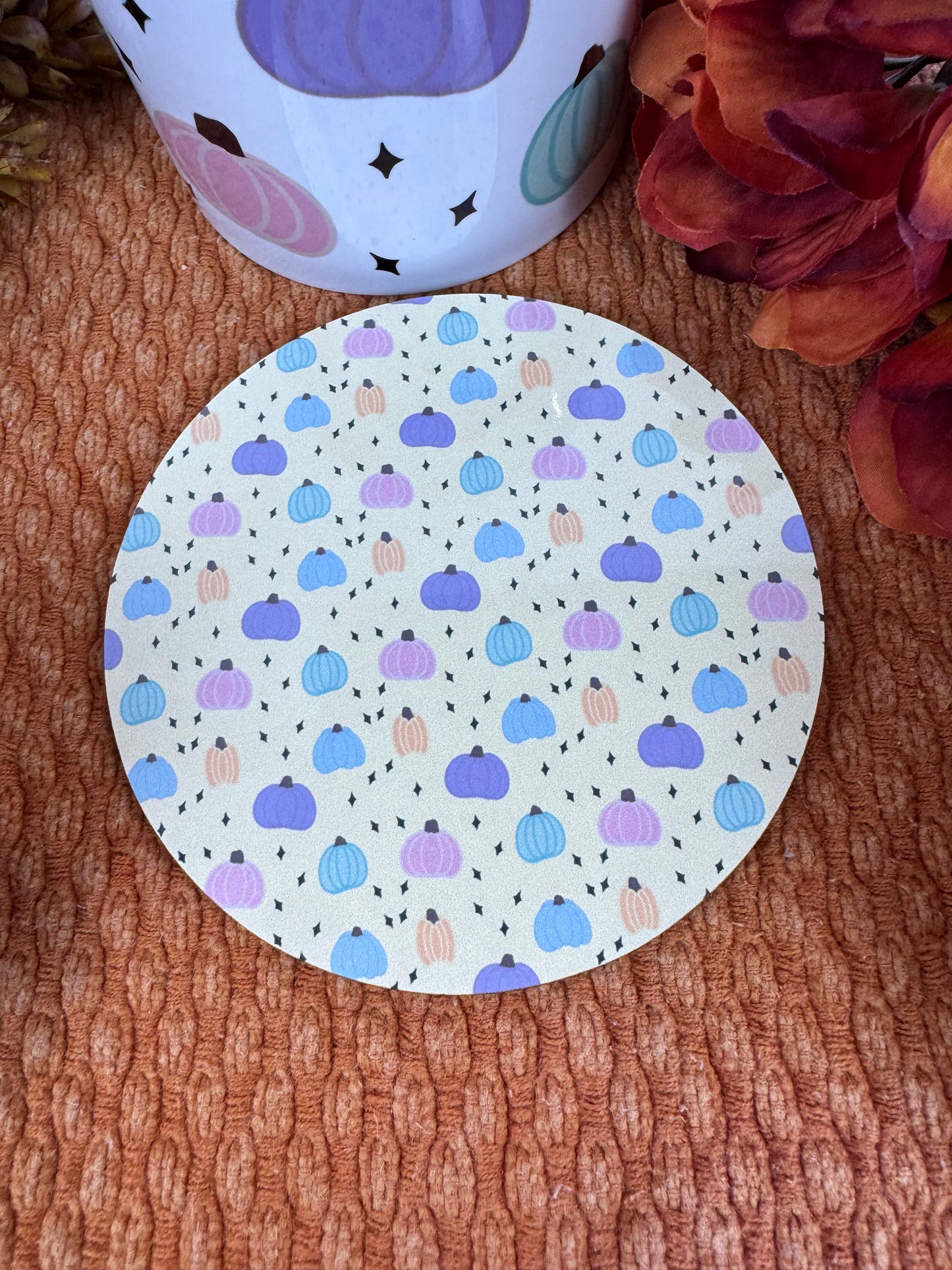 Pastel Pumpkin Round MDF Coaster – 4 Inch Handmade Sublimated Fall Drink Coaster, Yellow Beige Aesthetic