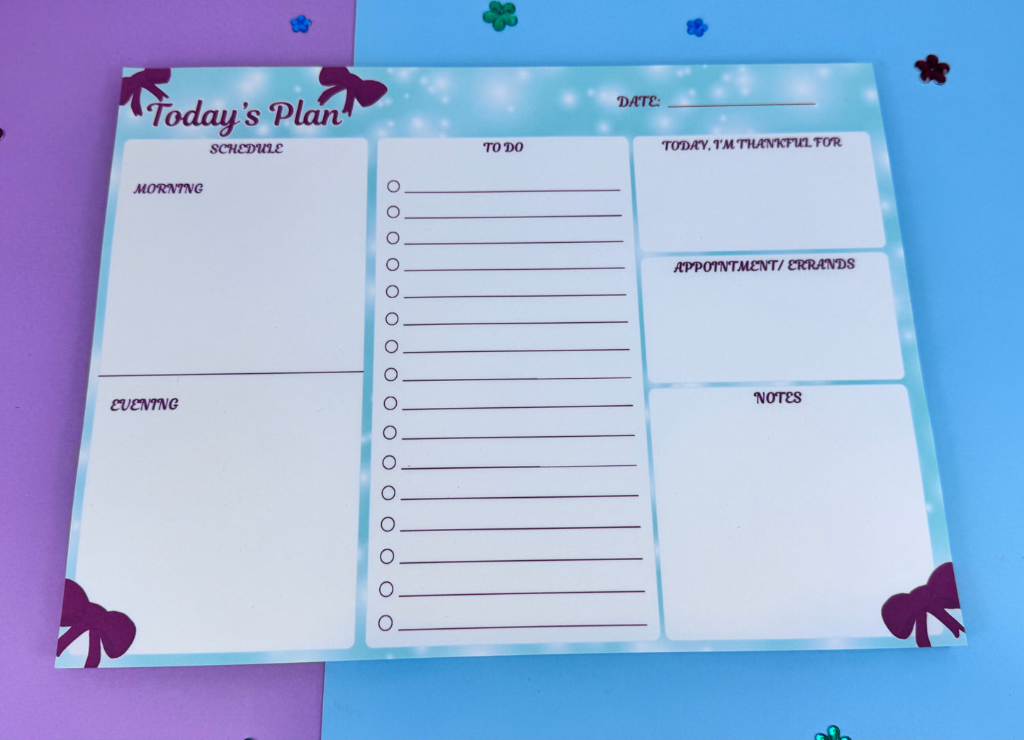 Handmade Daily Planner Pad – 10.75" x 8.2" Holiday Bow Planner, Teal & White Page Layout, To-Do List + AM/PM Schedule, 50 Pages, Chipboard Backing