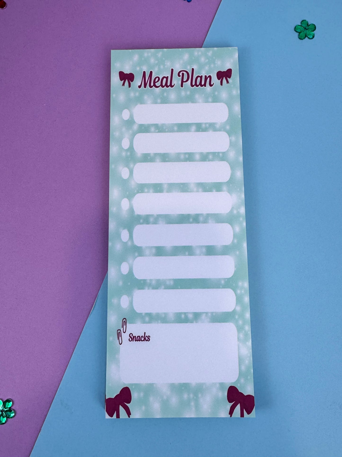 Holiday Meal Plan Notepad | 3x8 Handmade List Pad with 50 Pages, Teal & Red Bows
