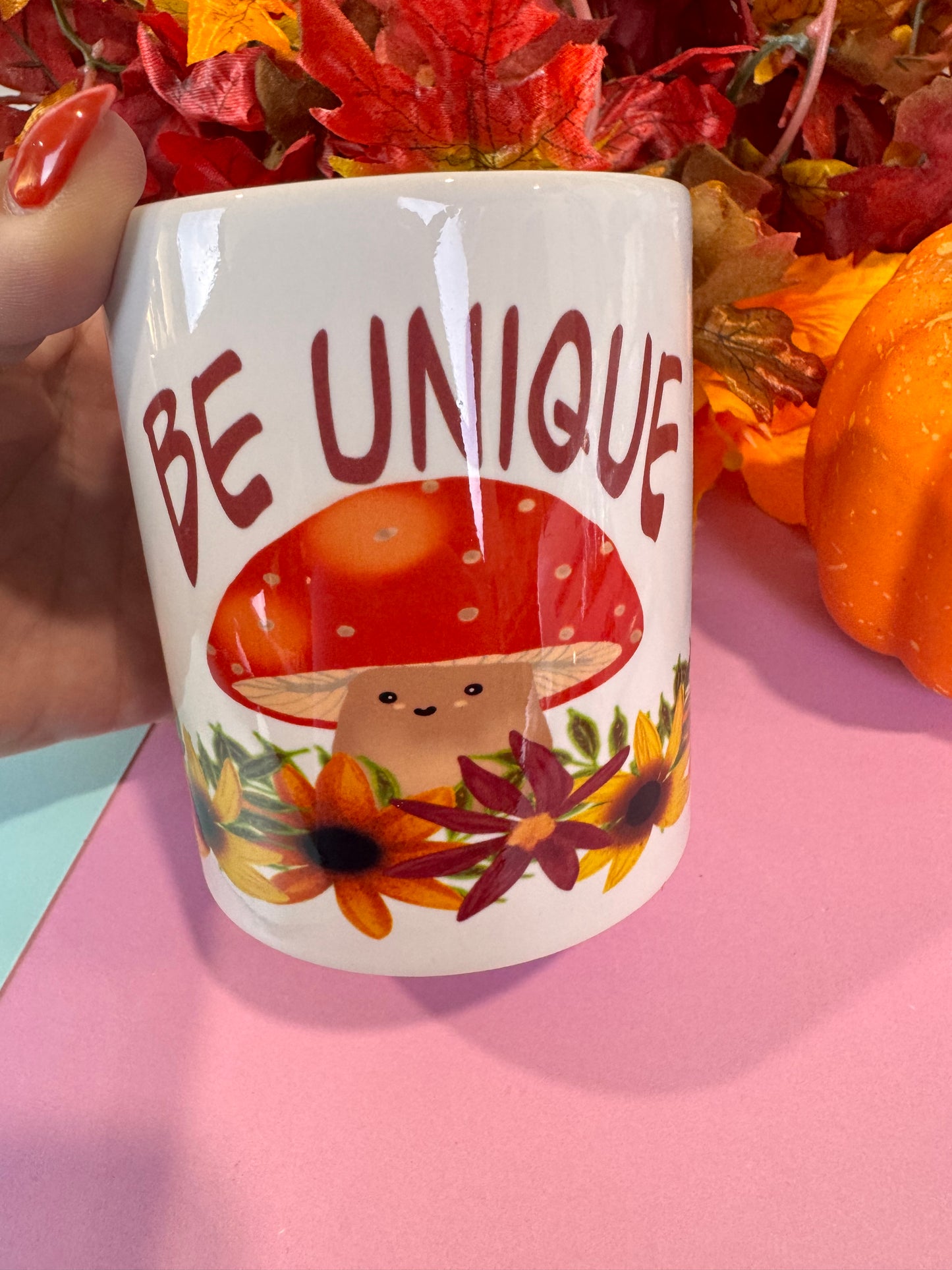 Be Unique Kawaii Cute Fall Coffee Mug, 11 oz White Ceramic Mug