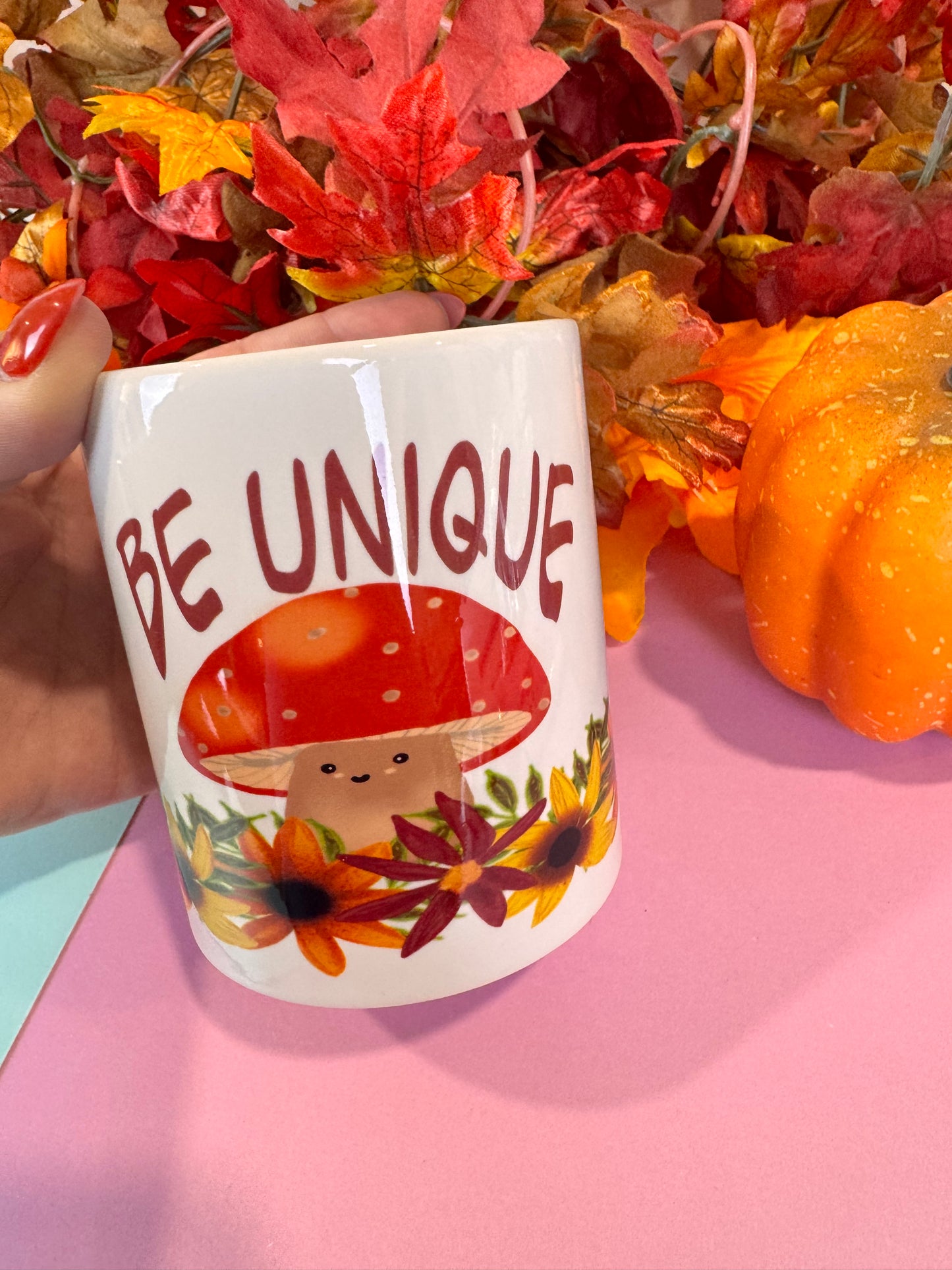 Be Unique Kawaii Cute Fall Coffee Mug, 11 oz White Ceramic Mug