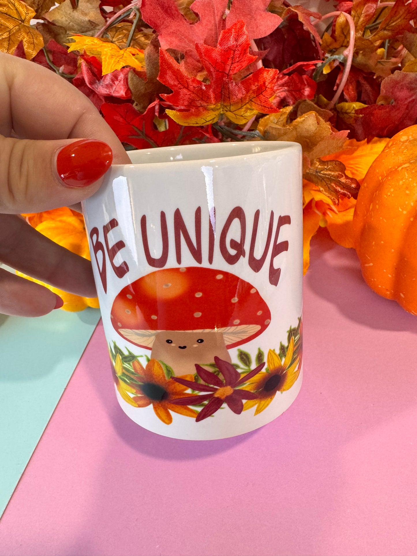 Be Unique Kawaii Cute Fall Coffee Mug, 11 oz White Ceramic Mug