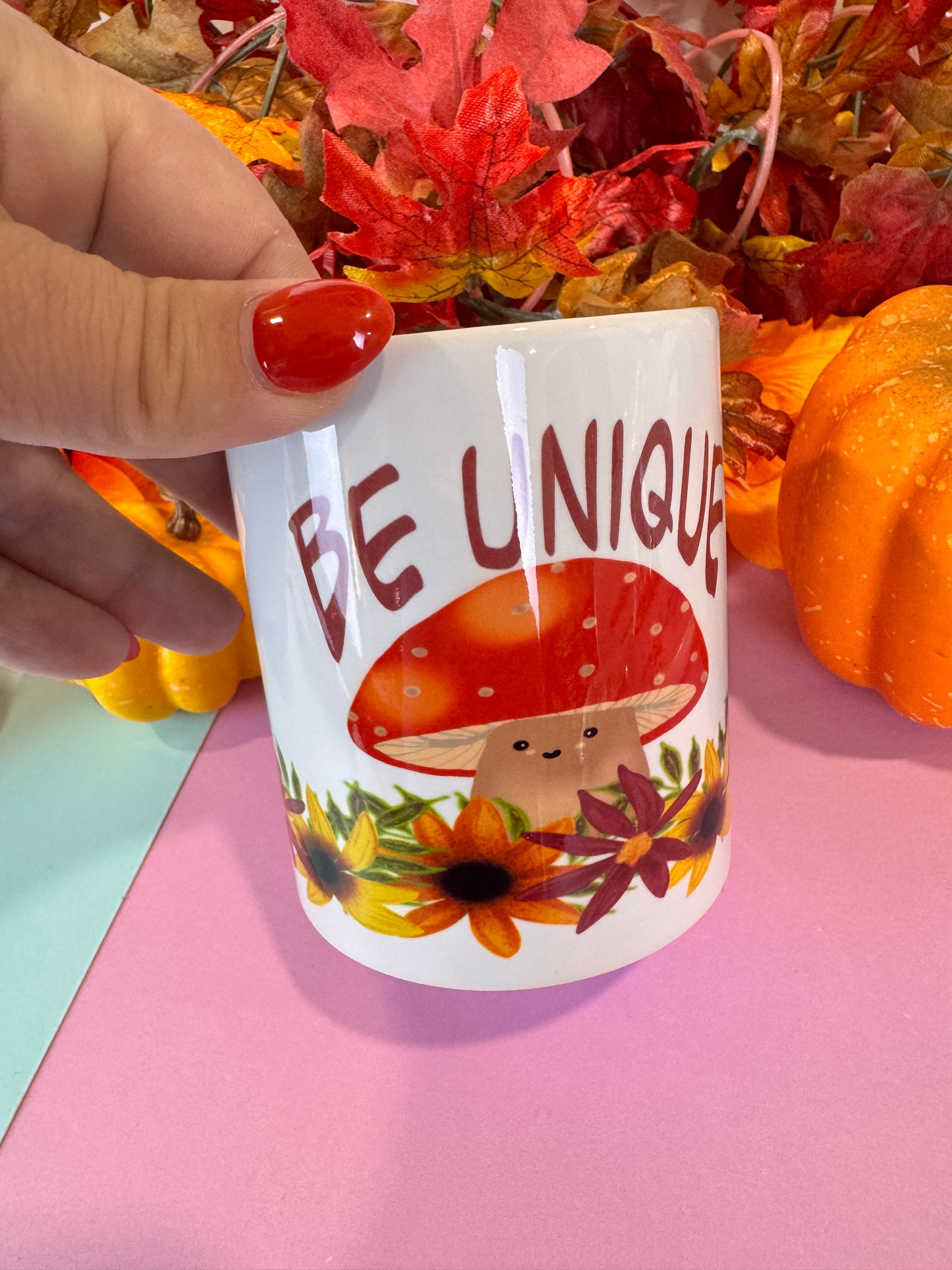 Be Unique Kawaii Cute Fall Coffee Mug, 11 oz White Ceramic Mug
