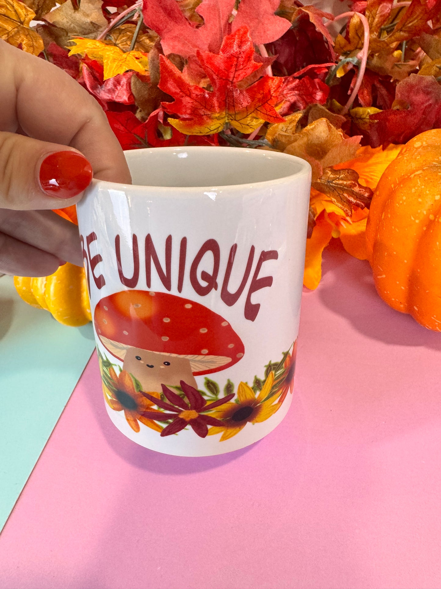 Be Unique Kawaii Cute Fall Coffee Mug, 11 oz White Ceramic Mug