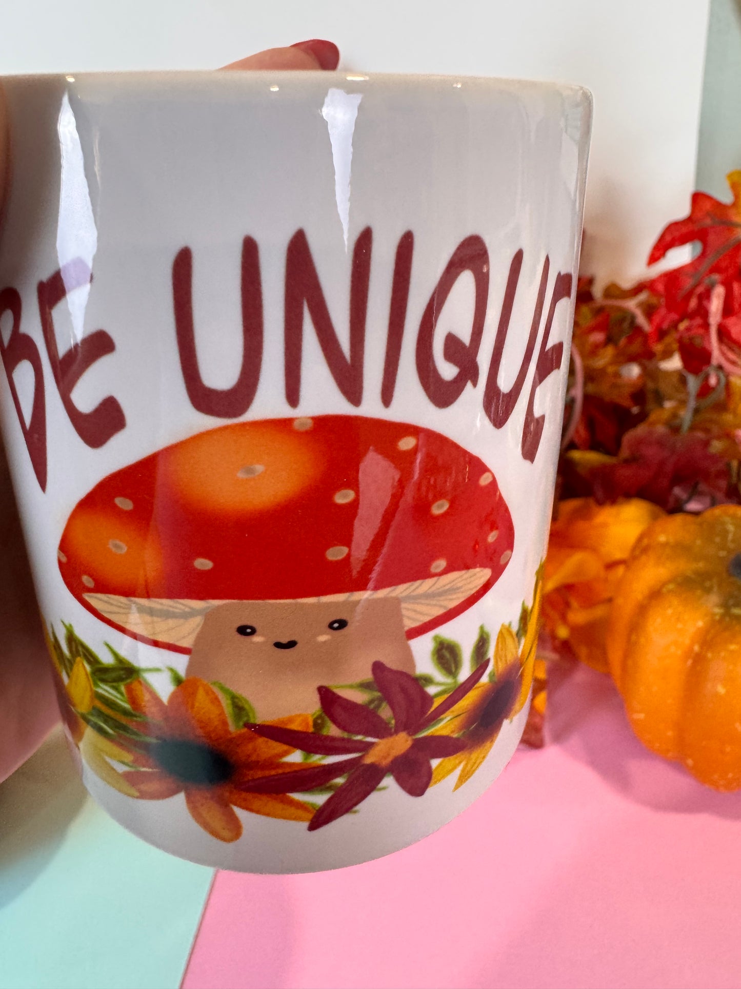 Be Unique Kawaii Cute Fall Coffee Mug, 11 oz White Ceramic Mug