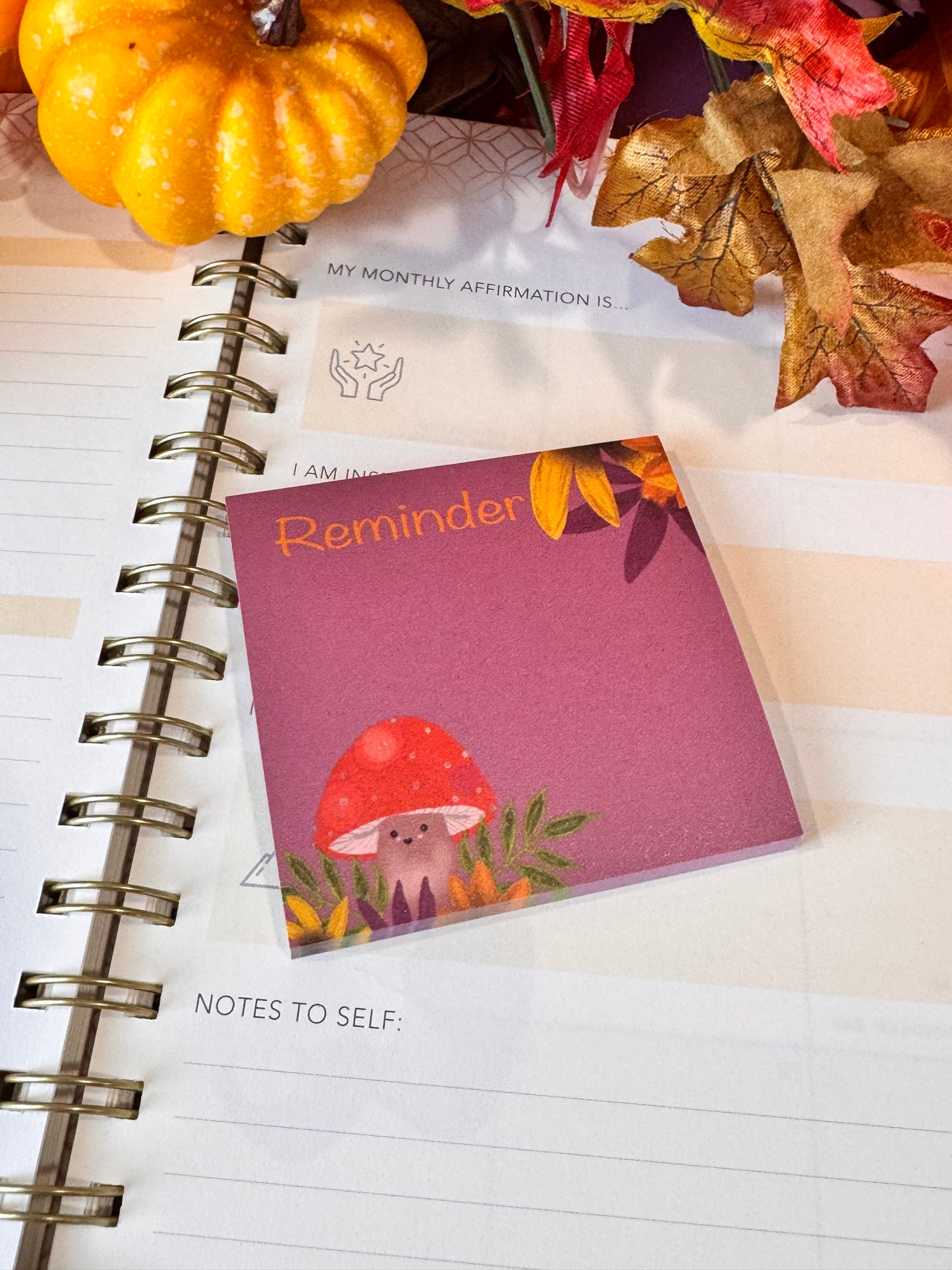 Kawaii Cute Fall Mushroom Character 3x3 Sticky Note with Fall Leaf Design, 50 Sheets
